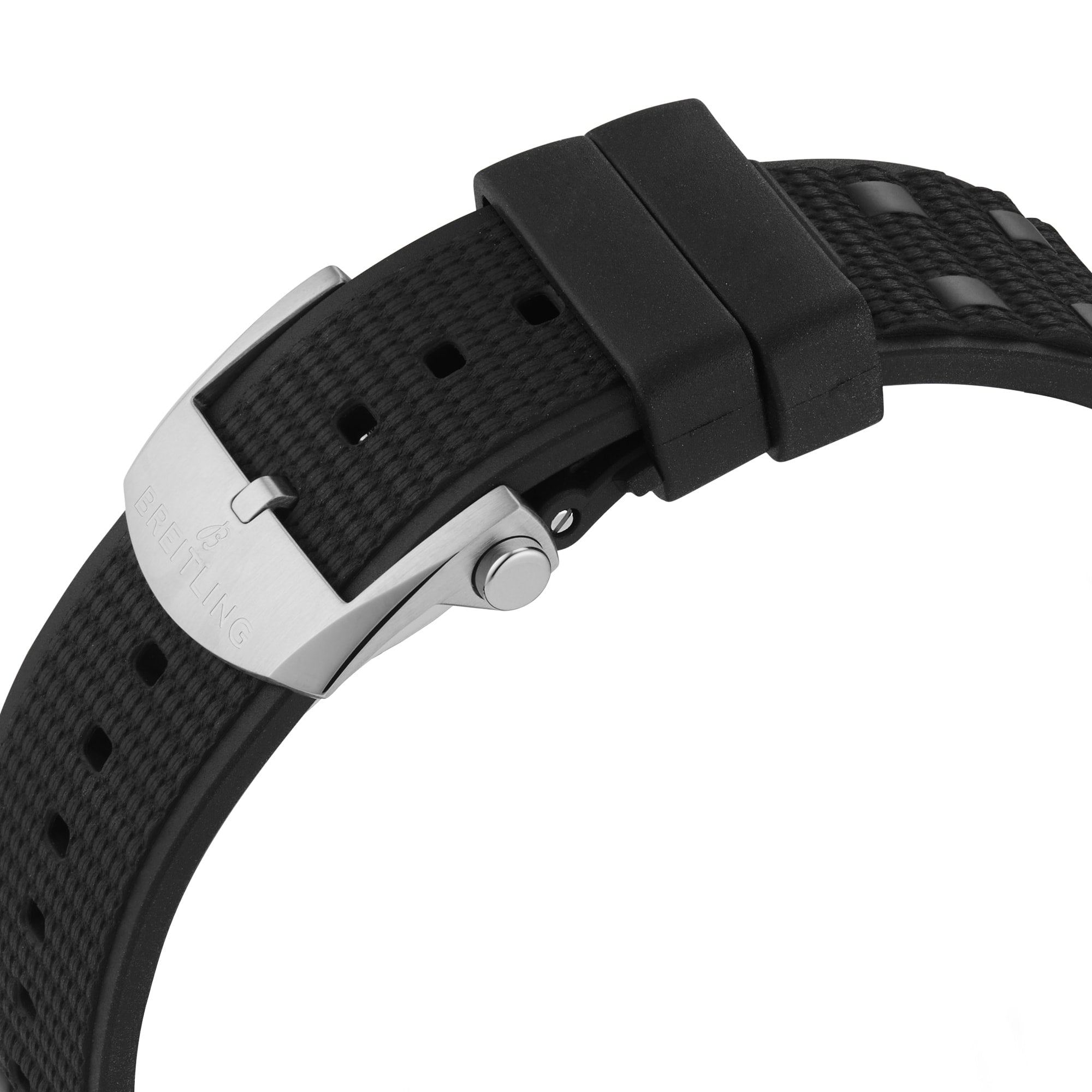 Close-up of a black textured Breitling Super Chronomat B01 44 watch strap with a stainless steel buckle.