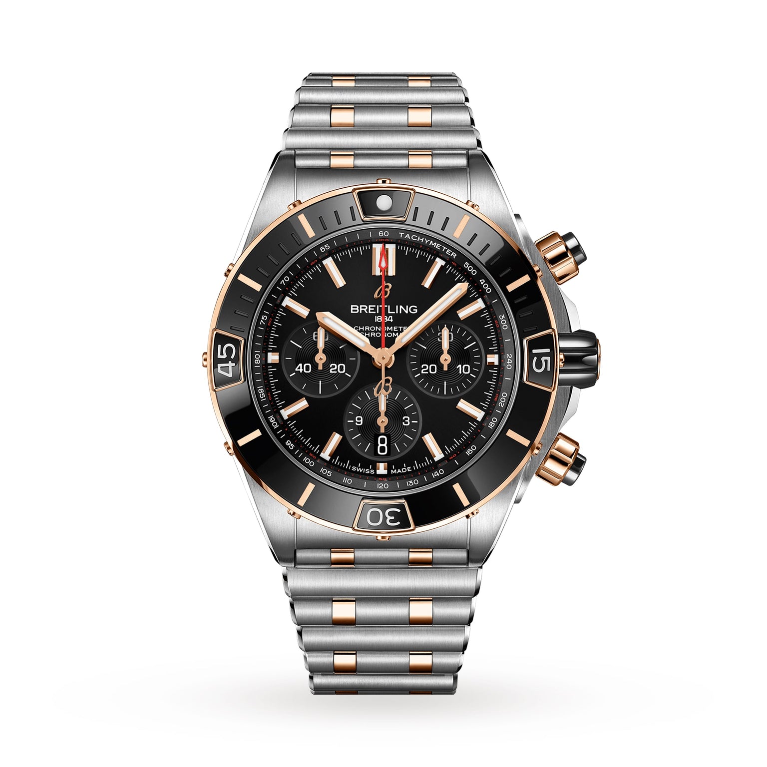 The Breitling Super Chronomat B01 44 is a luxury chronograph wristwatch with a silver and 18ct rose gold band, black bezel, and multiple subdials on a black face. COSC certified for precision, shown against a white background.