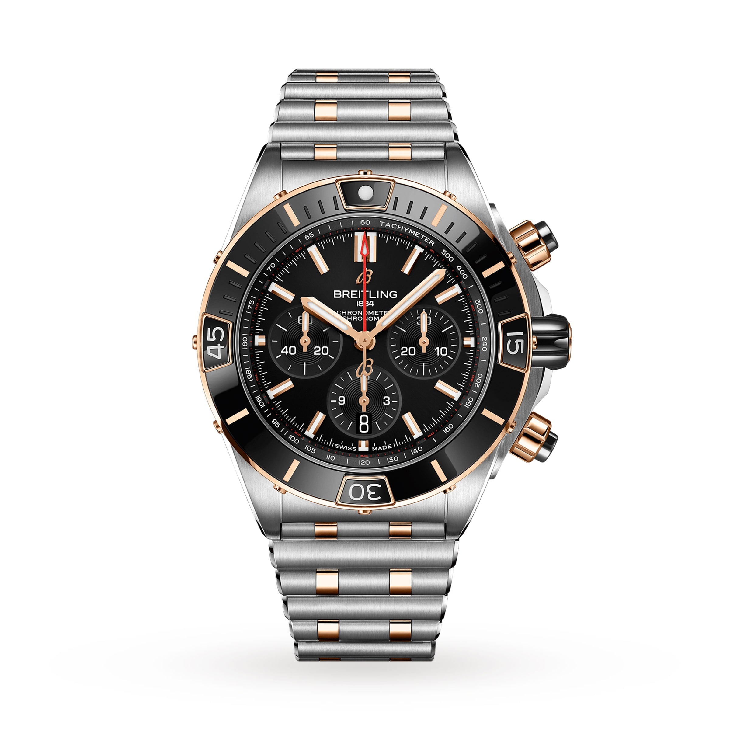 The Breitling Super Chronomat B01 44 is a luxury chronograph wristwatch with a silver and 18ct rose gold band, black bezel, and multiple subdials on a black face. COSC certified for precision, shown against a white background.