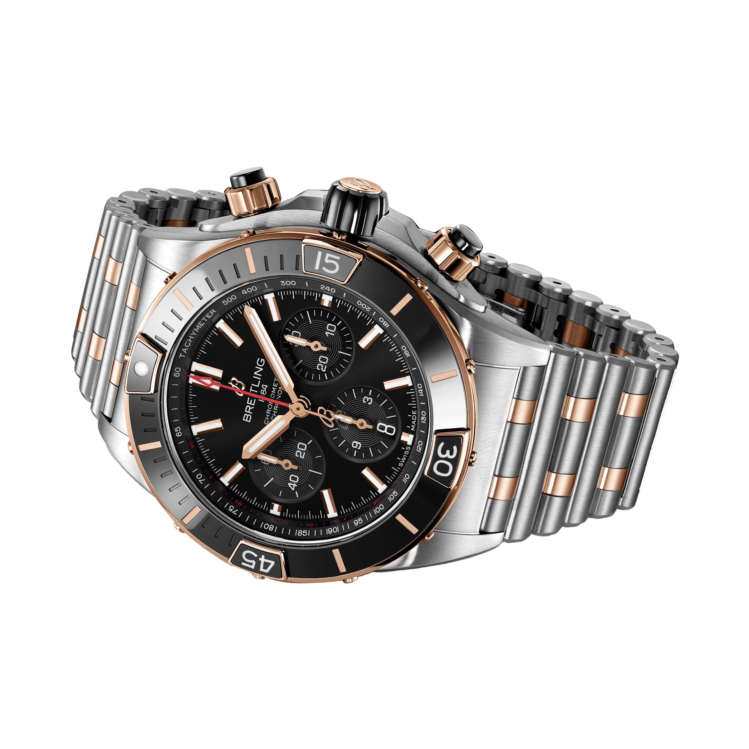 The Breitling Super Chronomat B01 44, a luxury stainless steel and 18ct rose gold wristwatch with a black dial and three subdials, is elegantly displayed at an angle on a white background.
