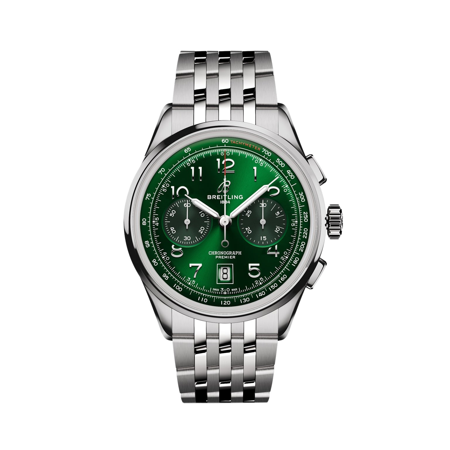 The Breitling Premier B01 Chronograph 42 is a stainless steel luxury watch with a green dial, three subdials, white indices, and a refined metal link bracelet.