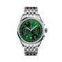 The Breitling Premier B01 Chronograph 42 is a stainless steel luxury watch with a green dial, three subdials, white indices, and a refined metal link bracelet.