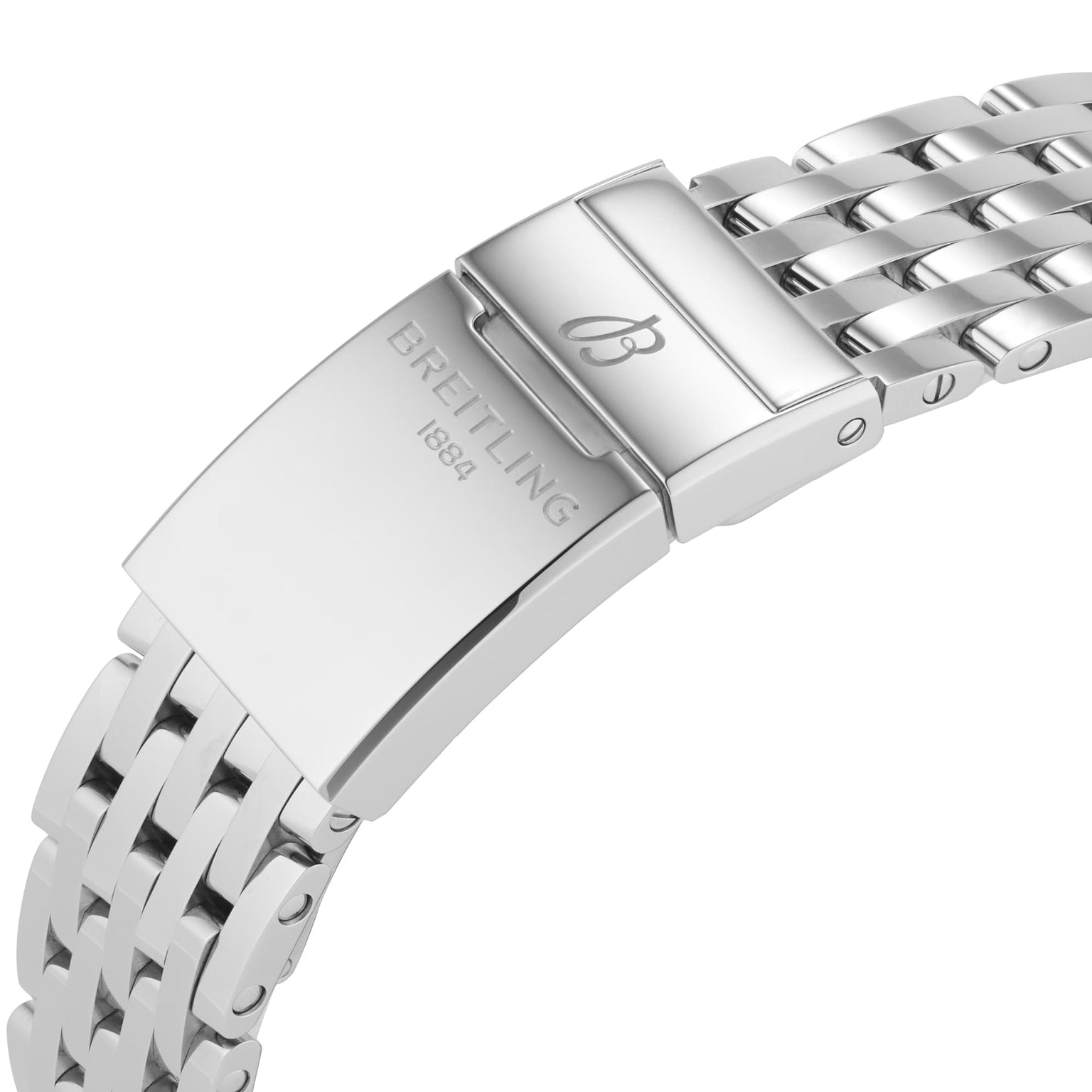 Close-up of the stainless steel clasp on the Breitling Premier B01 Chronograph 42, engraved with the Breitling name, logo, and 1884—a true mark of luxury and timeless appeal.