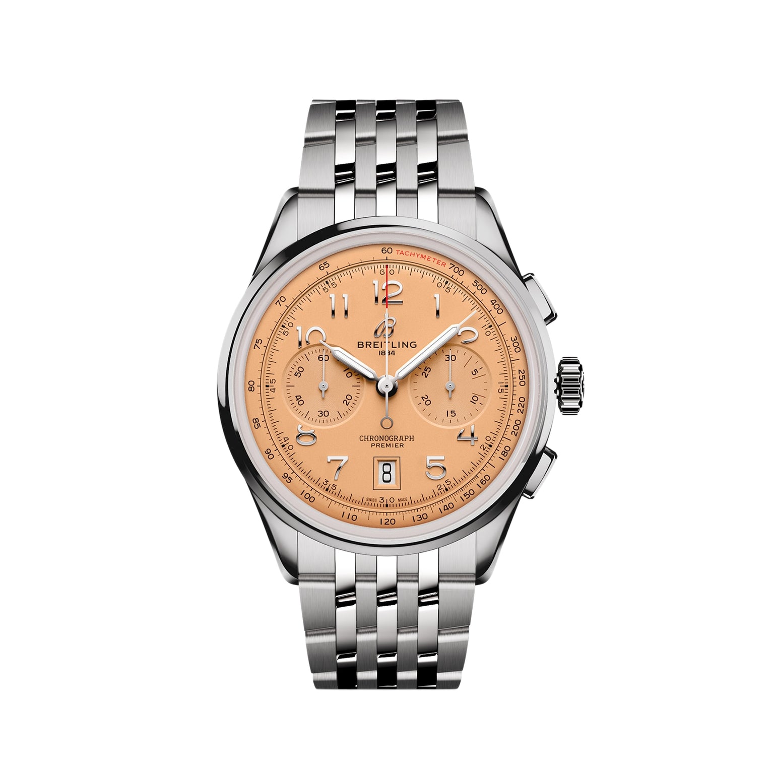 The Breitling Premier B01 Chronograph 42 features a stainless steel case, copper Arabic numeral dial, three subdials, date display, and a metal link bracelet.
