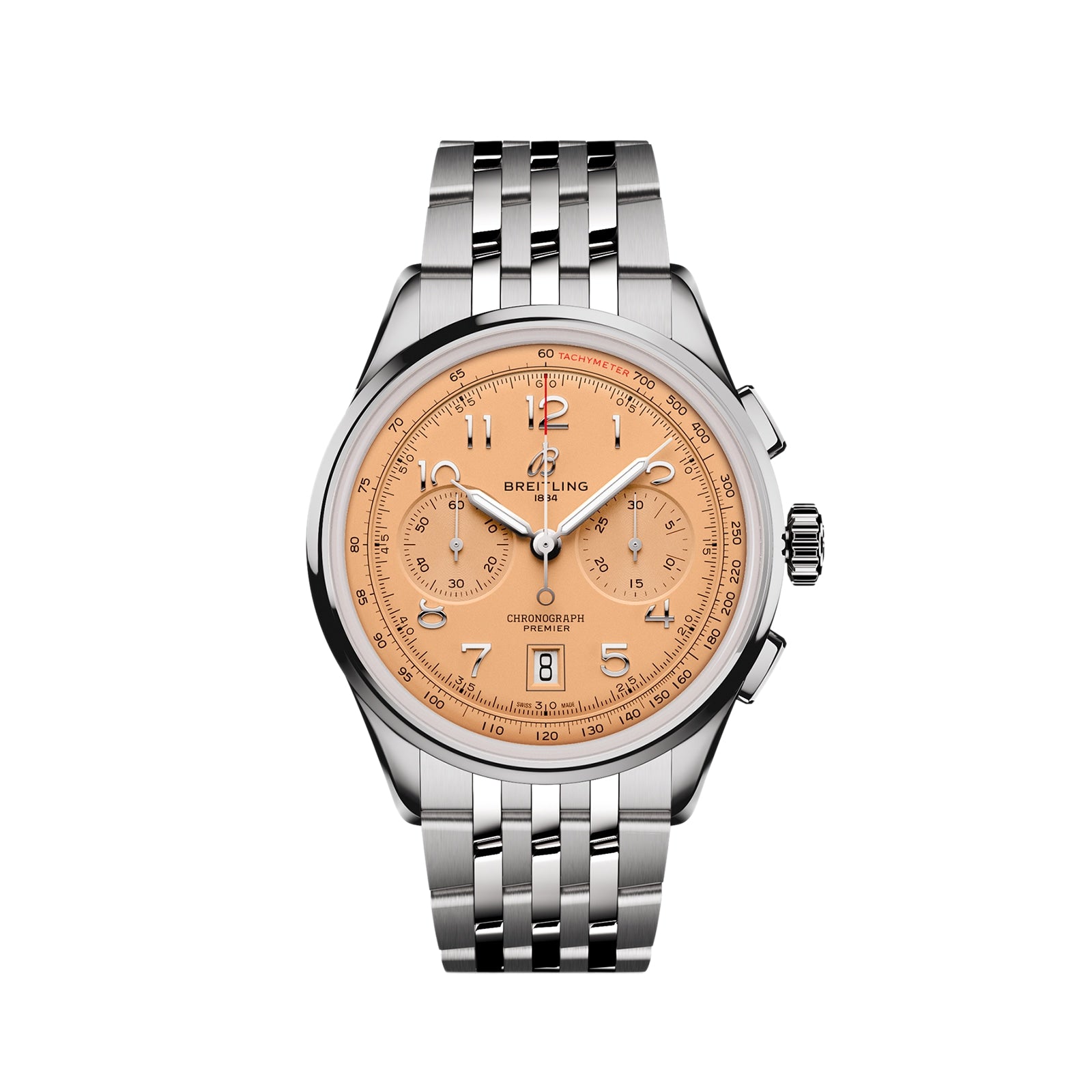 The Breitling Premier B01 Chronograph 42 features a stainless steel case, copper Arabic numeral dial, three subdials, date display, and a metal link bracelet.