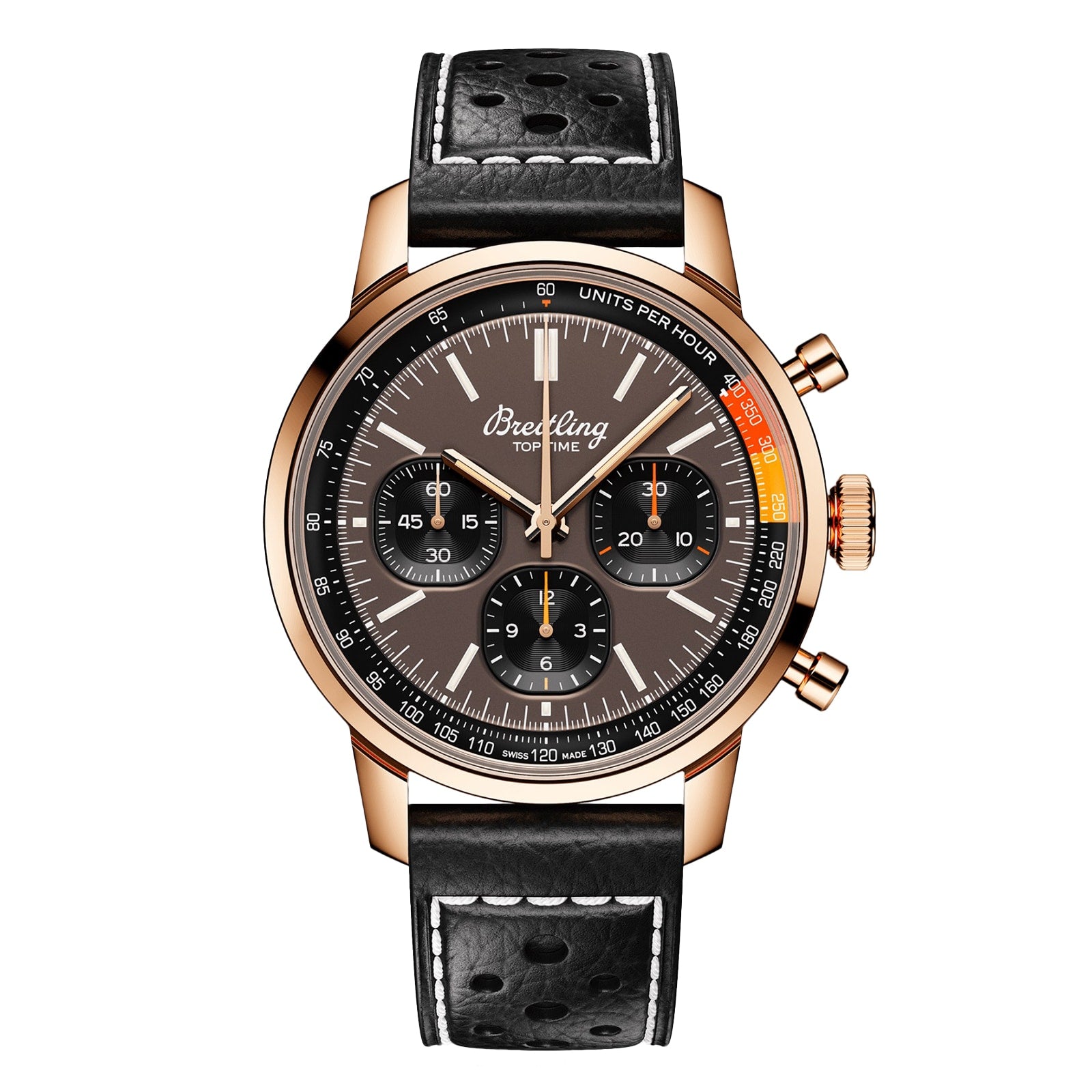The Breitling Top Time B01 chronograph features a black leather strap and a rose gold case.