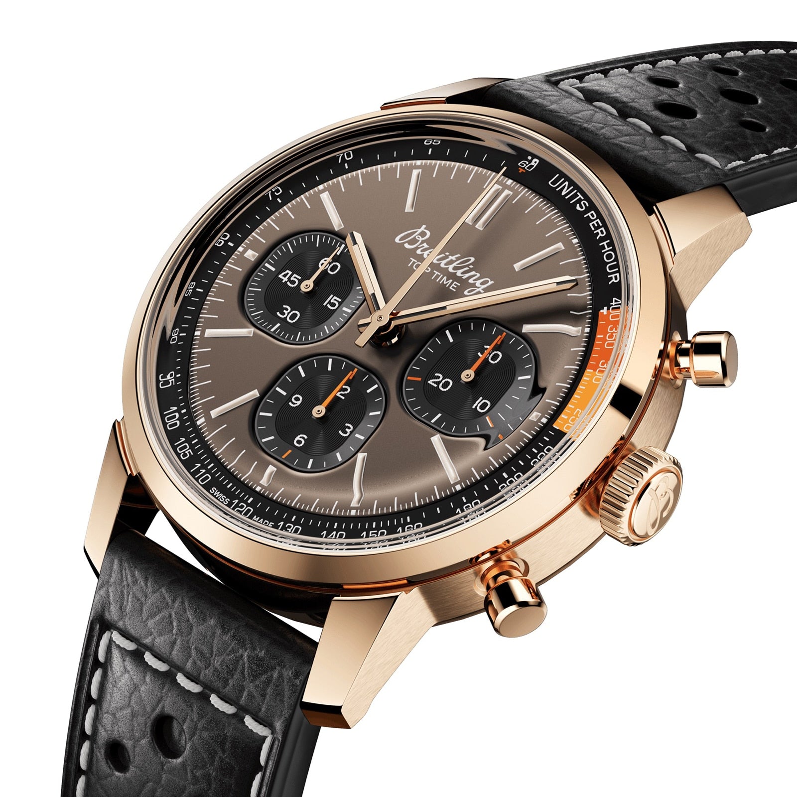 Breitling Top Time B01 gold chronograph wristwatch featuring a black leather strap and detailed brown dial, shown from an angle.