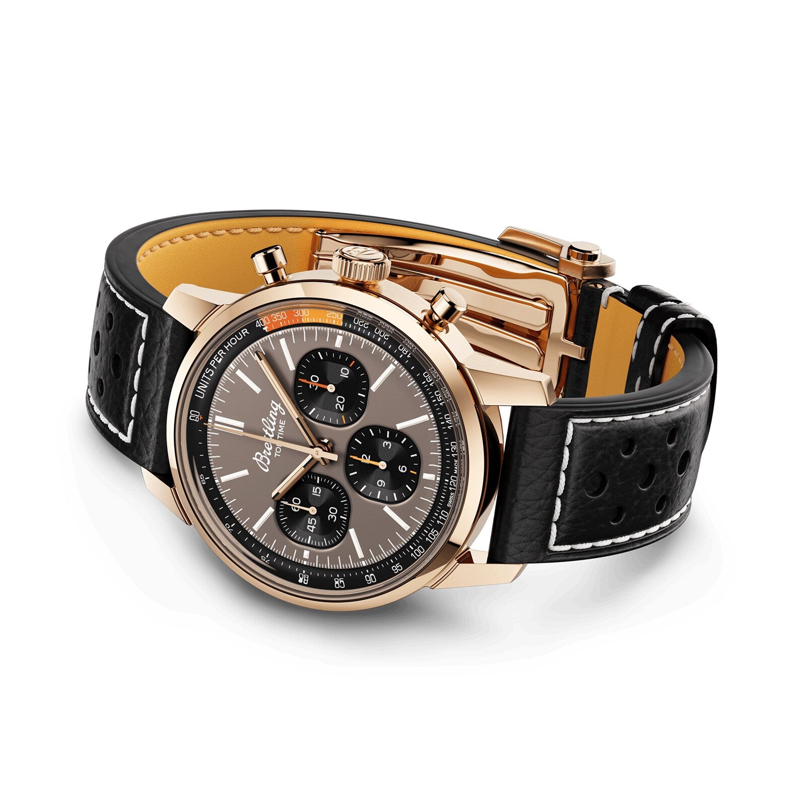 Breitling Top Time B01 chronograph with rose gold case, black dial, and perforated black leather strap, displayed at an angle.