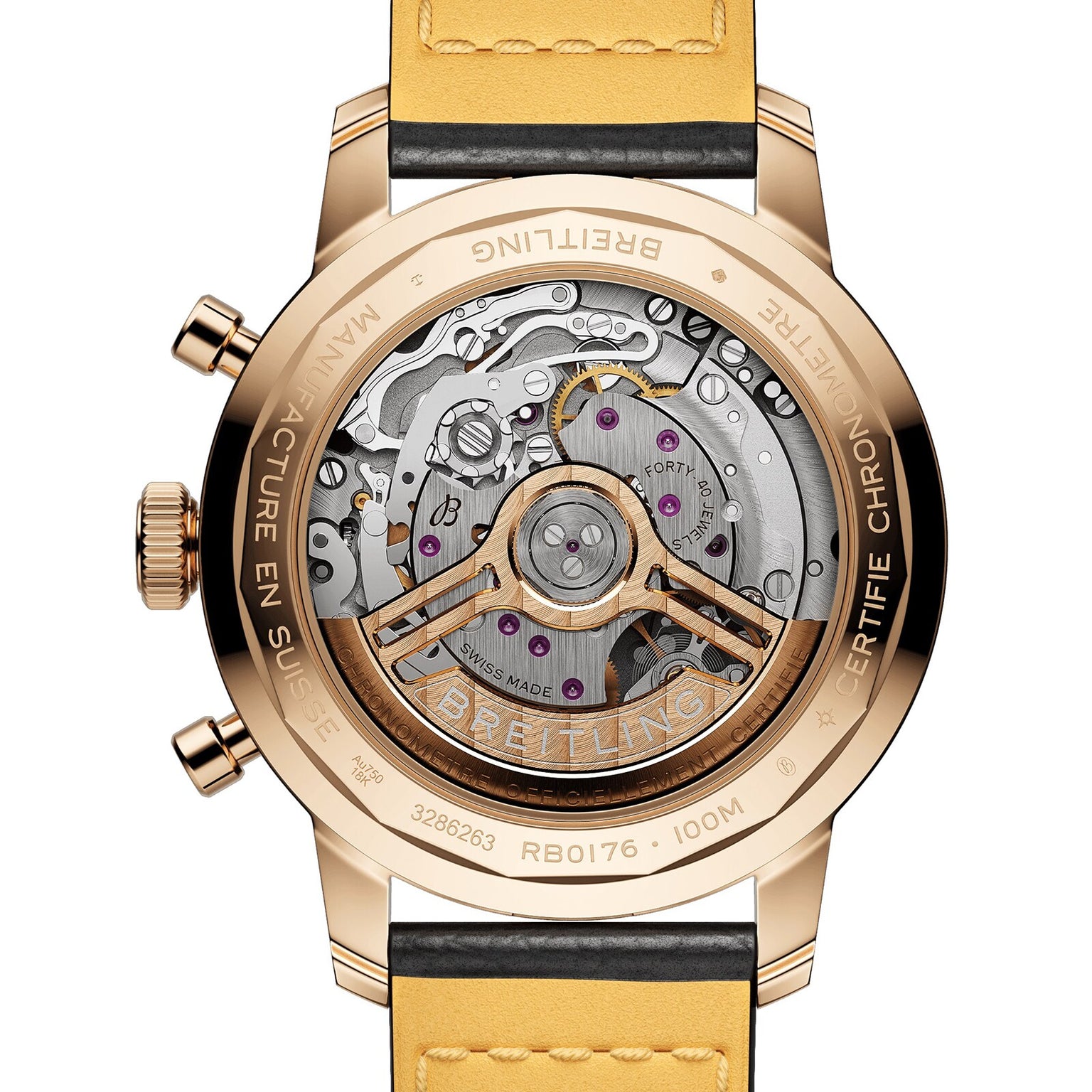 Close-up of the Breitling Top Time B01’s transparent case back, revealing its intricate automatic movement and gold accents.