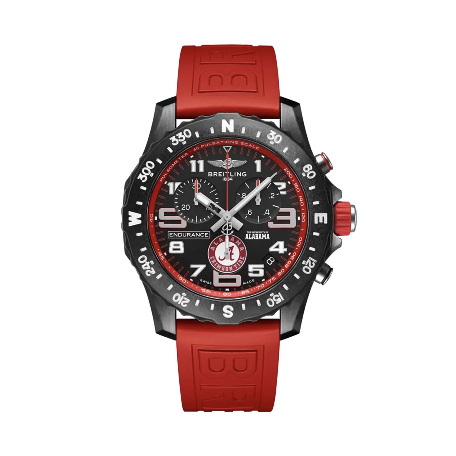 The Breitling Endurance Pro 44 The University Of Alabama® is a black chronograph athleisure watch in durable Breitlight®, with a red rubber strap, rotating bezel, multiple dials, and ALABAMA above the 6 o’clock marker.