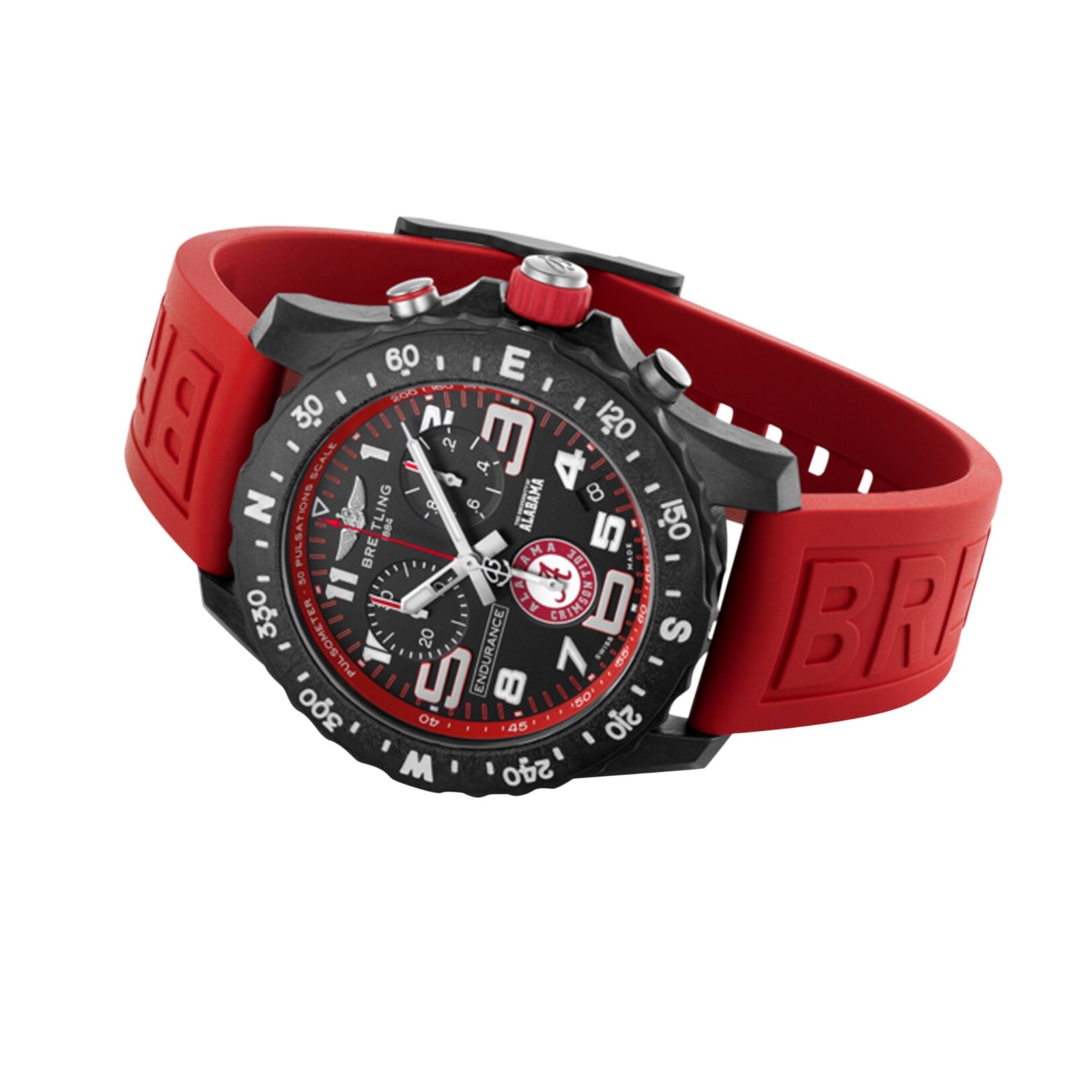 Breitling Endurance Pro 44 The University Of Alabama® watch with a red rubber strap, lightweight Breitlight® case, detailed dial, bold white numerals, and red logo accent at 3 o’clock.