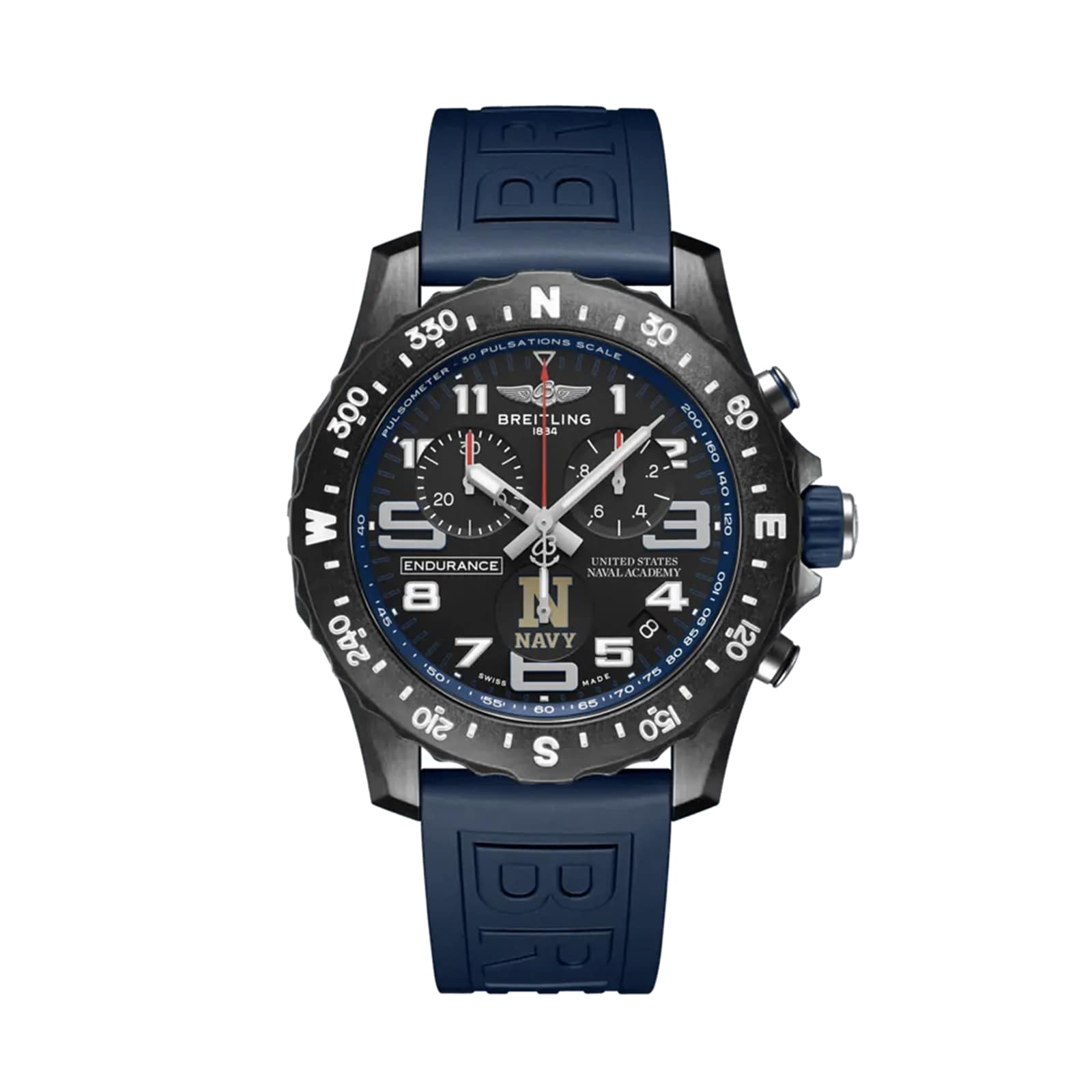 The Breitling Endurance Pro 44 United States Naval Academy watch features a blue rubber strap, black Breitlight® case, analog chronograph display, and NAVY insignia on the dial.