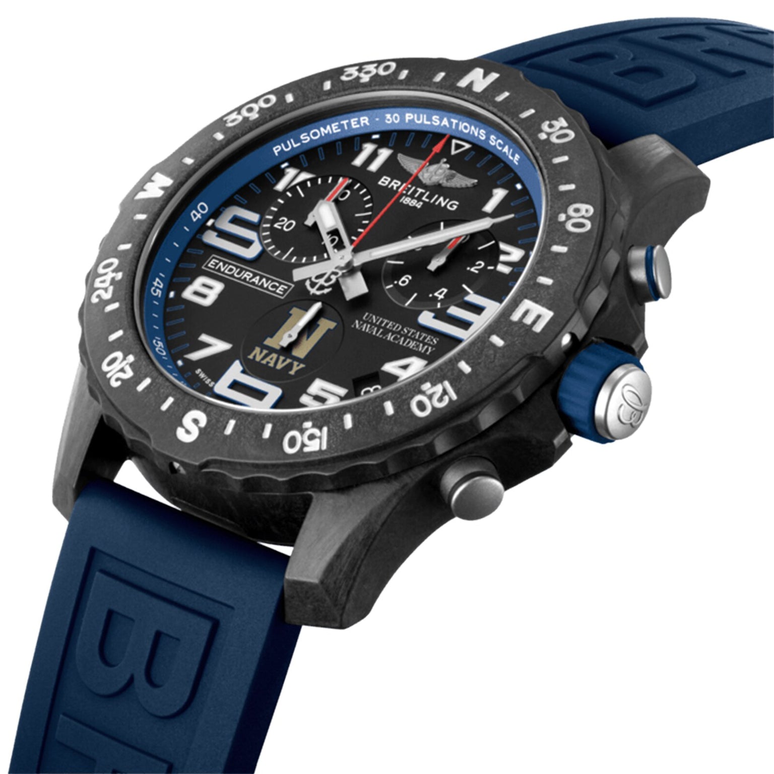 A close-up of the Breitling Endurance Pro 44 United States Naval Academy watch highlights its blue strap, black bezel, and Navy insignia on the dial—all crafted with durable, lightweight Breitlight®.