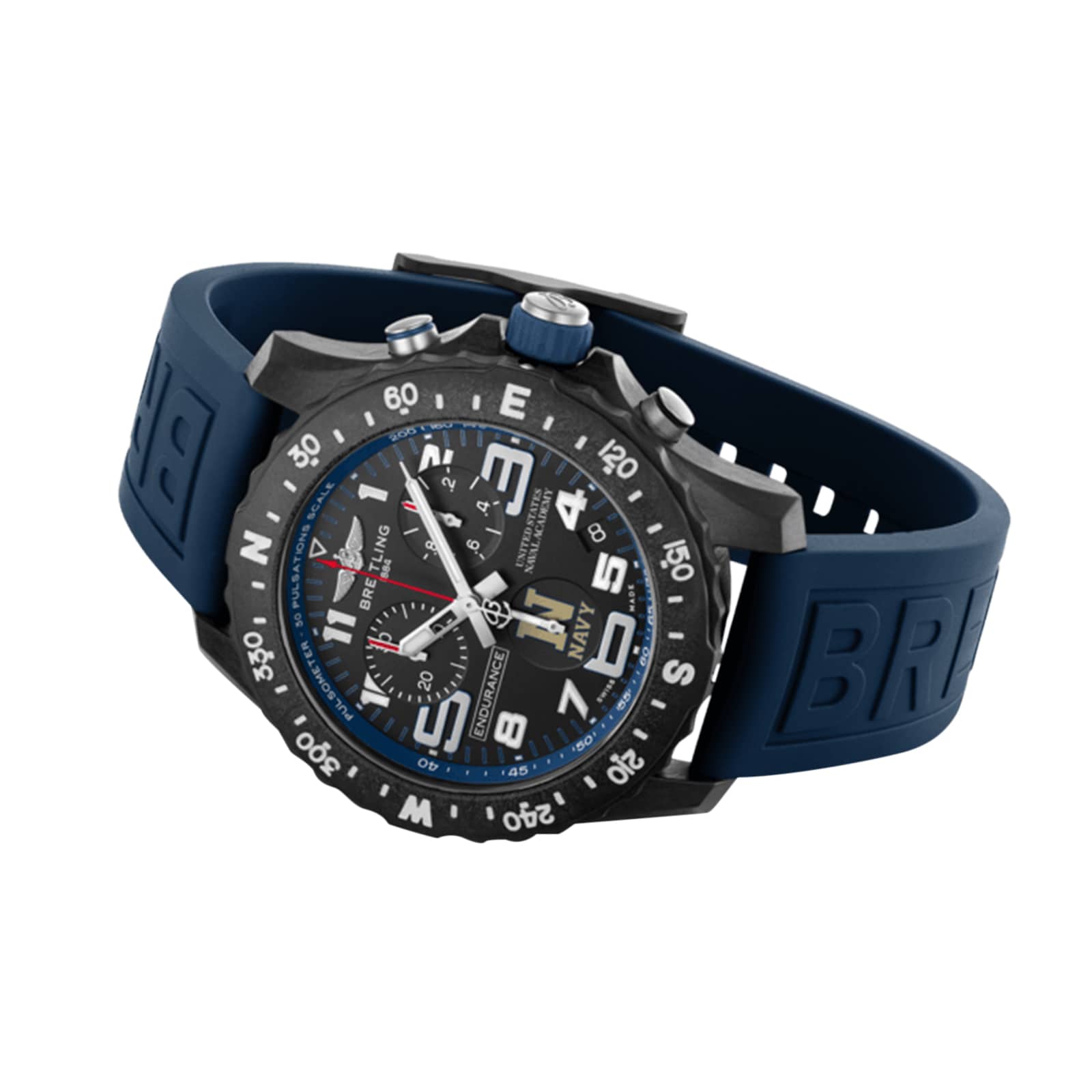 The Breitling Endurance Pro 44 United States Naval Academy wristwatch features black and blue accents, a rubber strap, prominent numerals, multiple dials, and a compass bezel made of lightweight Breitlight®, shown at an angle.