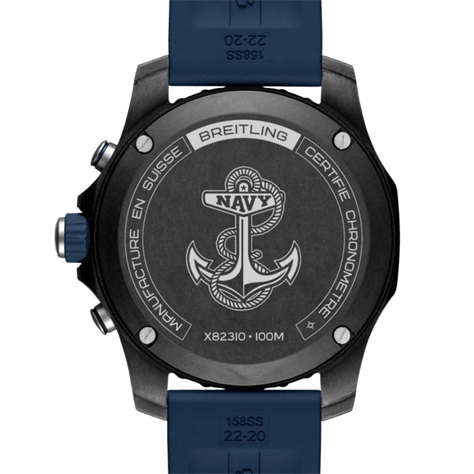 Back view of the Breitling Endurance Pro 44 United States Naval Academy watch, featuring a large anchor and NAVY engraving on the Breitlight® case, plus inscriptions highlighting Swiss-made quality and chronometer certification.