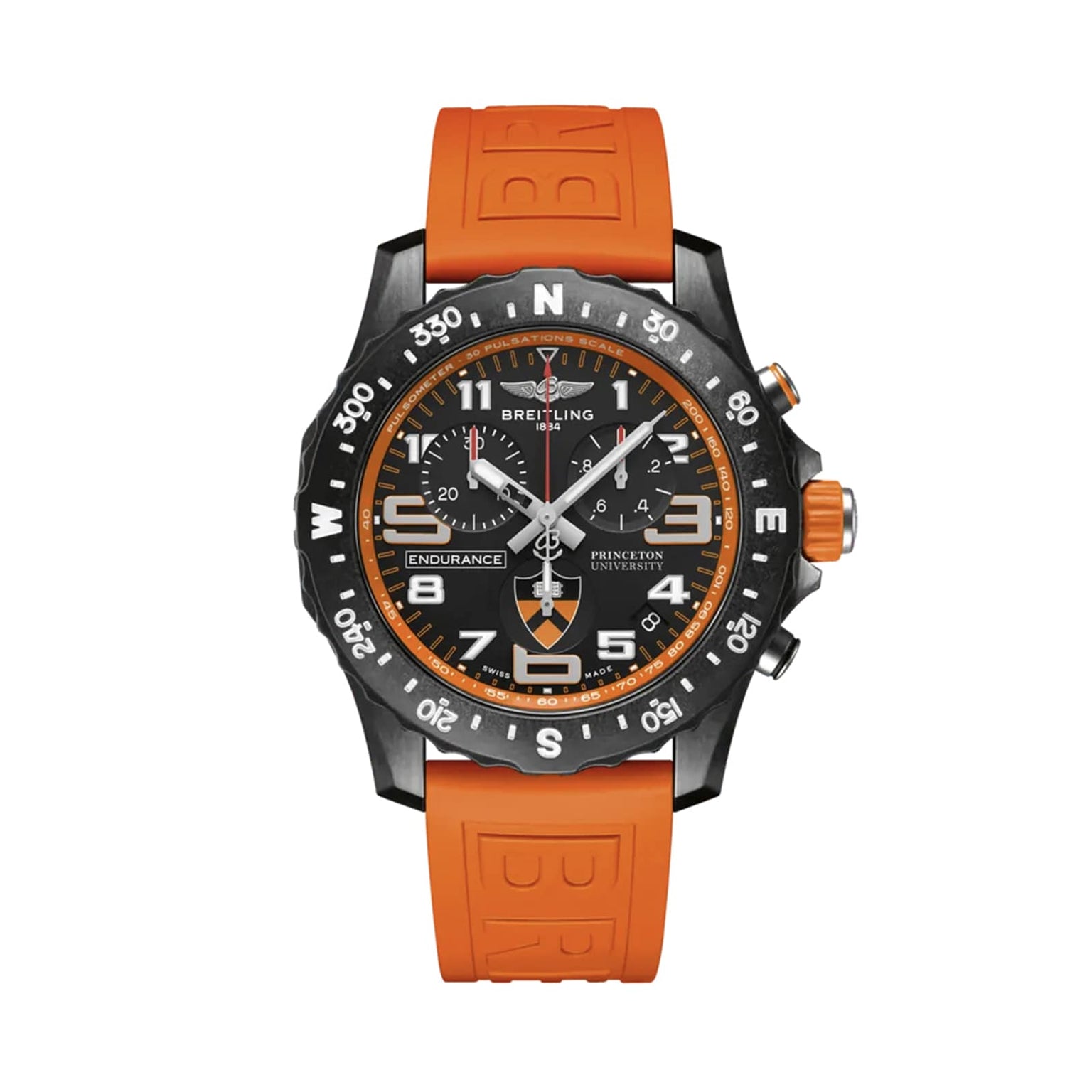 The Breitling Endurance Pro 44 Princeton® University Edition features a black dial, white markers, chronograph, and an orange rubber strap—all crafted in durable Breitlight.