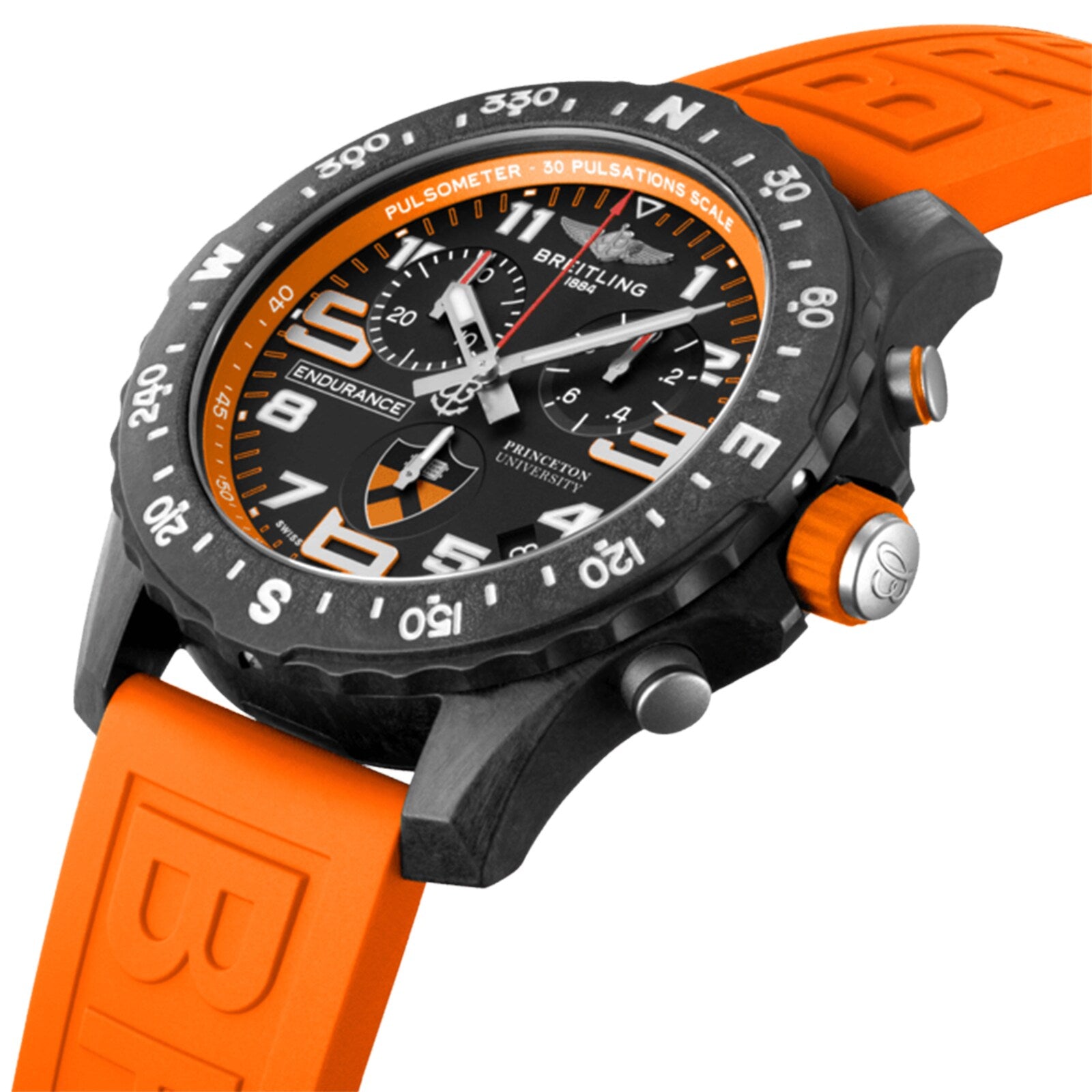 A close-up of the Breitling Endurance Pro 44 Princeton® University Edition, featuring a black bezel, pulsometer scale, and orange rubber strap in Breitlight®.