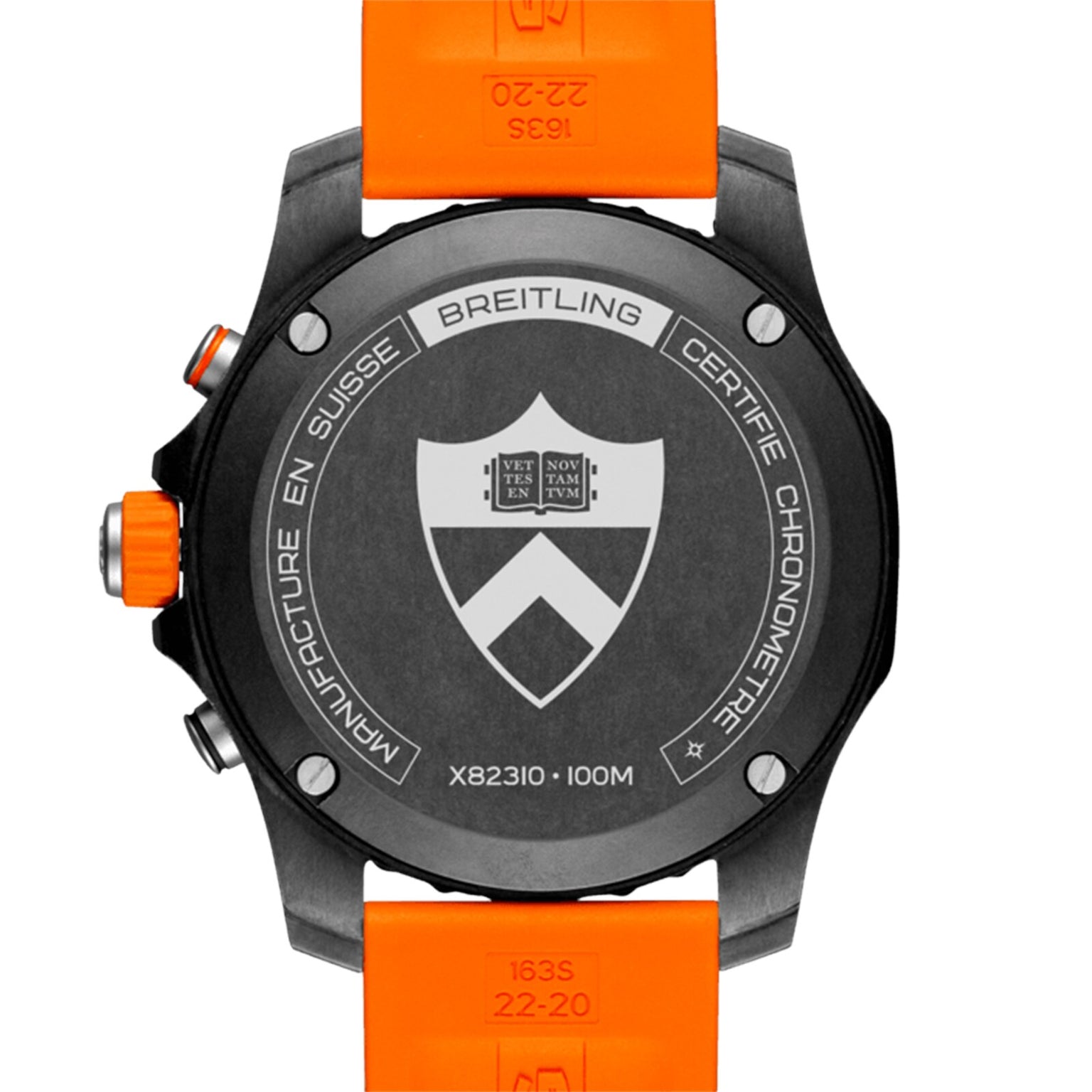 Back view of the Breitling Endurance Pro 44 Princeton® University Edition, showcasing an orange strap, Breitlight case, and engravings with brand name, model number XB2310, and 100M water resistance.