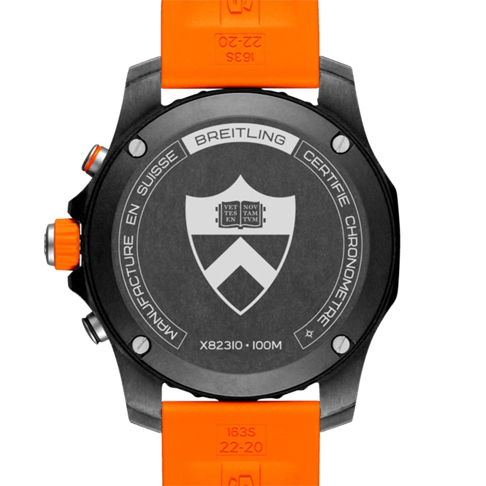 Back view of the Breitling Endurance Pro 44 Princeton® University Edition, showcasing an orange strap, Breitlight case, and engravings with brand name, model number XB2310, and 100M water resistance.