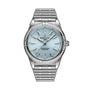The Breitling Chronomat Automatic 36 features an ice blue dial with diamond hour markers, a diamond-accented bezel, date display at 6 o’clock, and a sleek silver metal link bracelet.