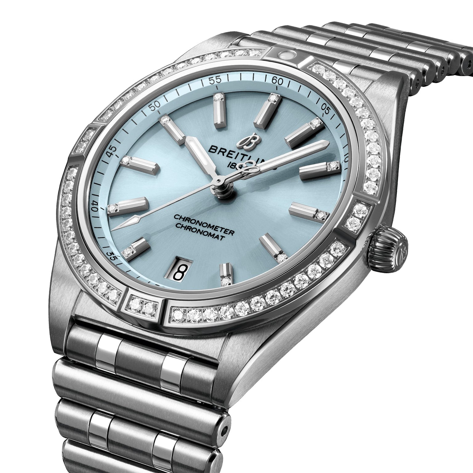 The Breitling Chronomat Automatic 36 features a silver case, ice blue dial, diamond-set hour markers, diamond bezel, date window at 6 o’clock, and a sleek metal bracelet.