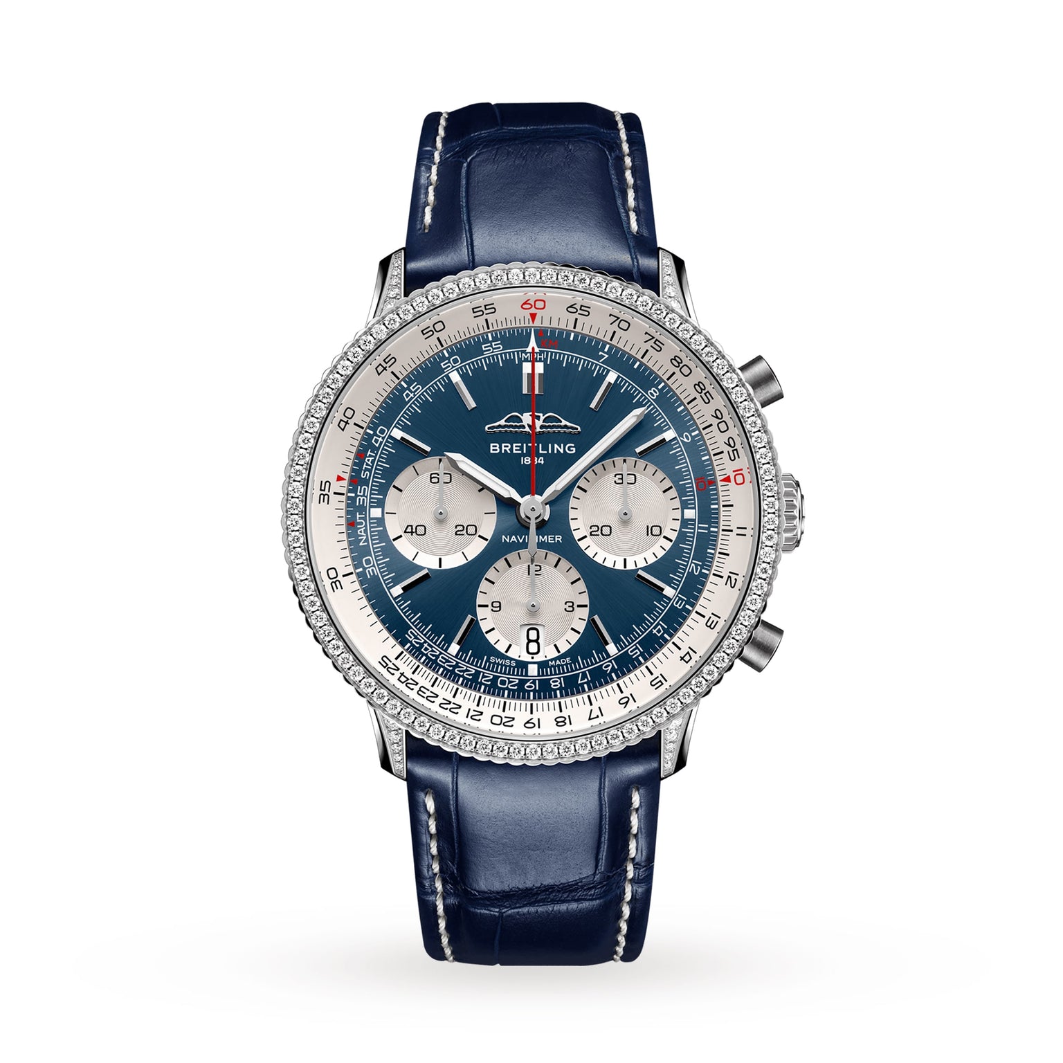 The Breitling Navitimer B01 Chronograph 41 features a stainless steel case, blue dial with three subdials, diamond bezel, blue leather strap, and is powered by the precise Breitling 01 calibre.