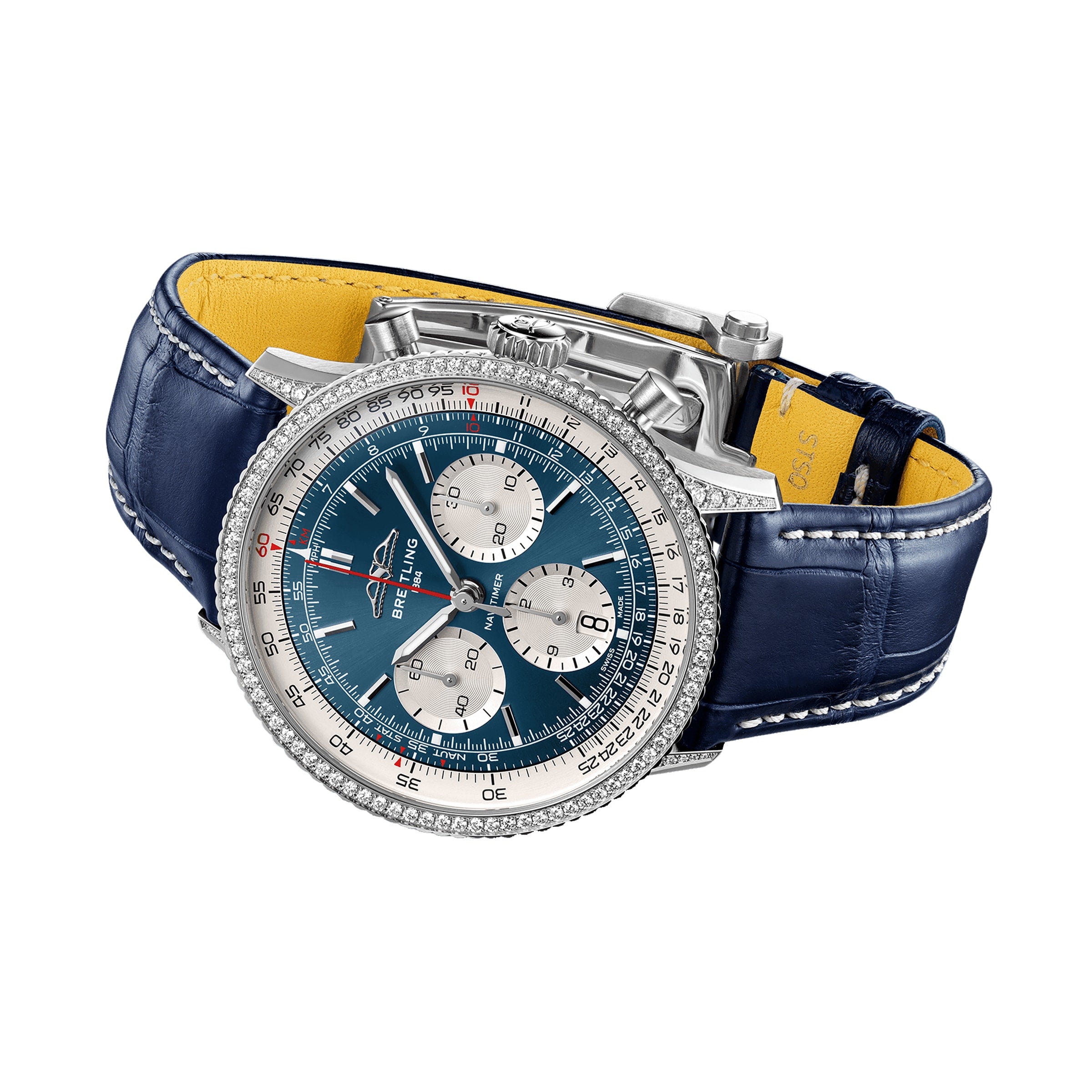 The Breitling Navitimer B01 Chronograph 41 features a silver and blue dial with three subdials, a blue leather strap, diamond-set bezel, and durable stainless steel case.