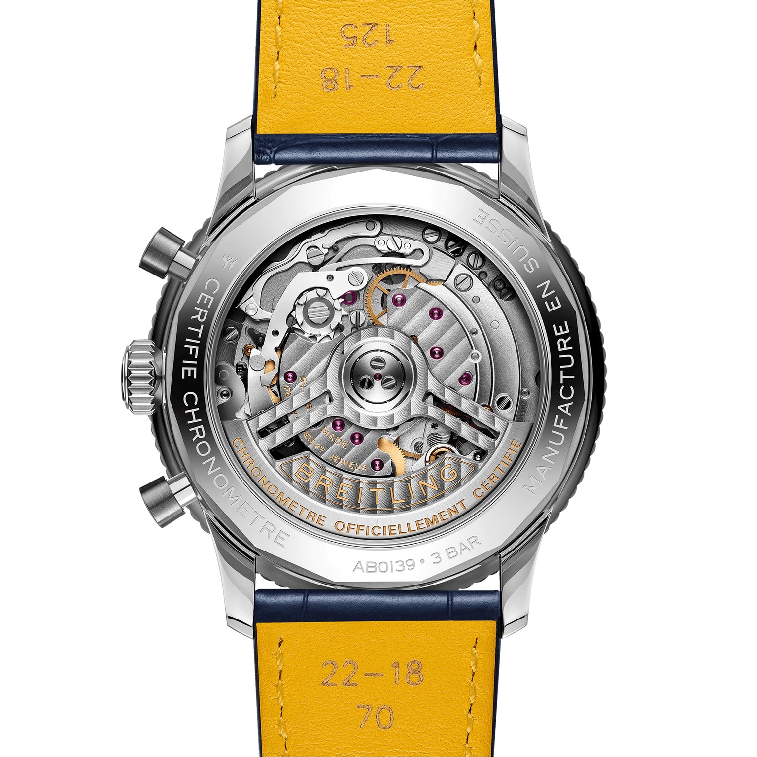 Close-up of the Breitling Navitimer B01 Chronograph 41s back, showcasing its exposed Breitling 01 calibre movement, detailed gears, and engraved stainless steel case with a yellow leather strap.