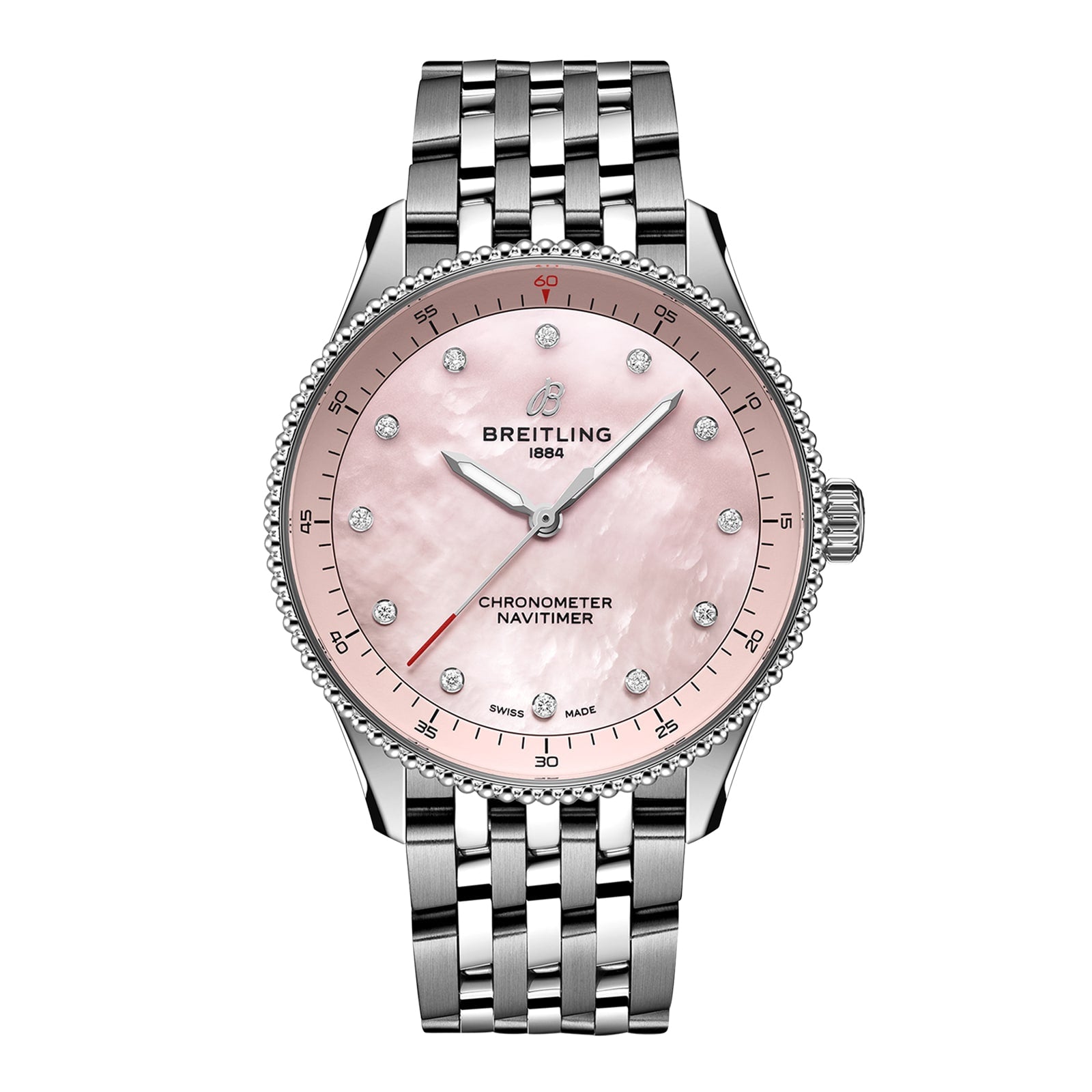The Breitling Navitimer 32 features a pink mother-of-pearl dial with diamond hour markers, a stainless steel case, and a silver link bracelet, all powered by the precise Breitling Calibre 77.