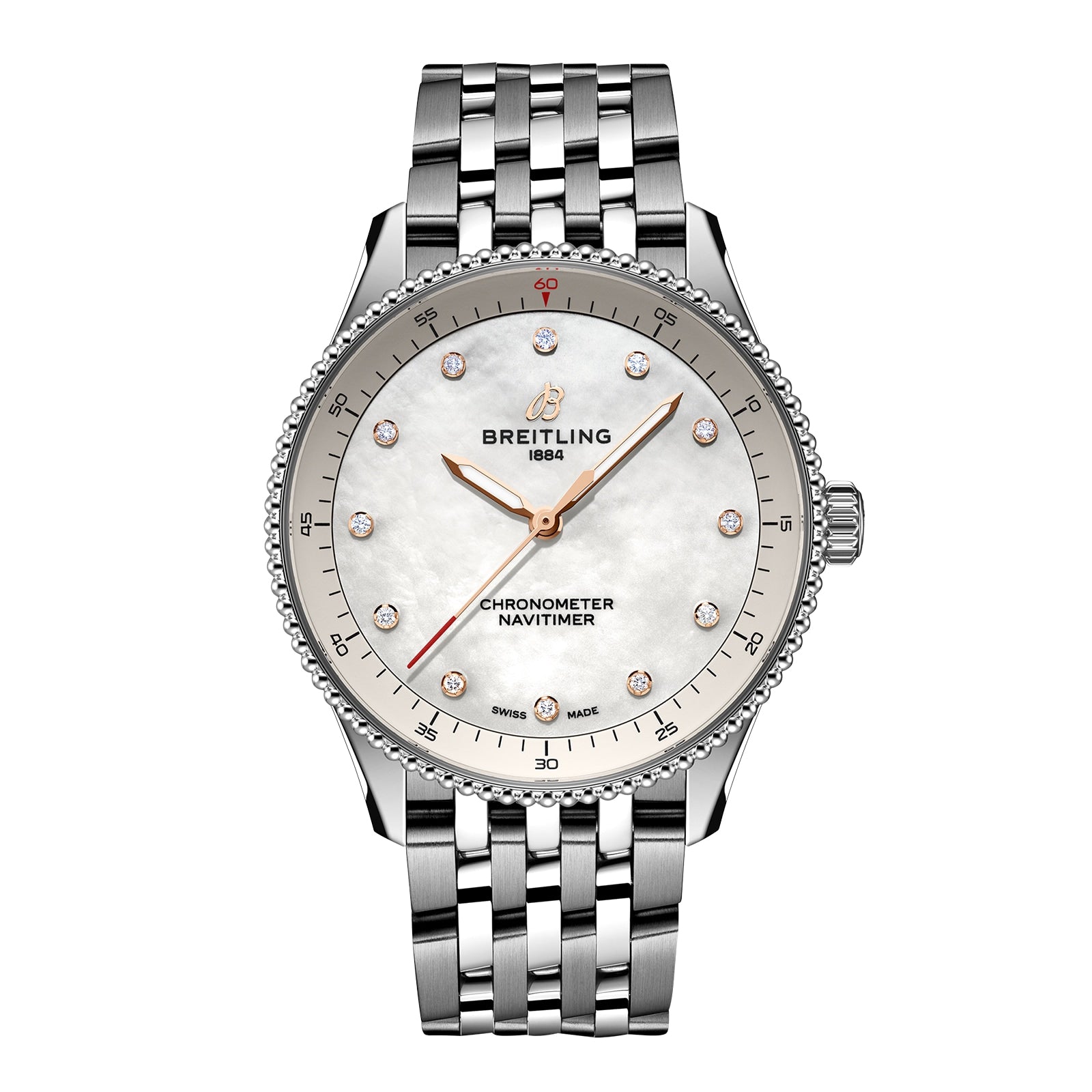 The Breitling Navitimer 32 boasts a stainless steel bracelet, white dial with diamond hour markers, minimalist design, and precise SuperQuartz™ movement for outstanding accuracy.
