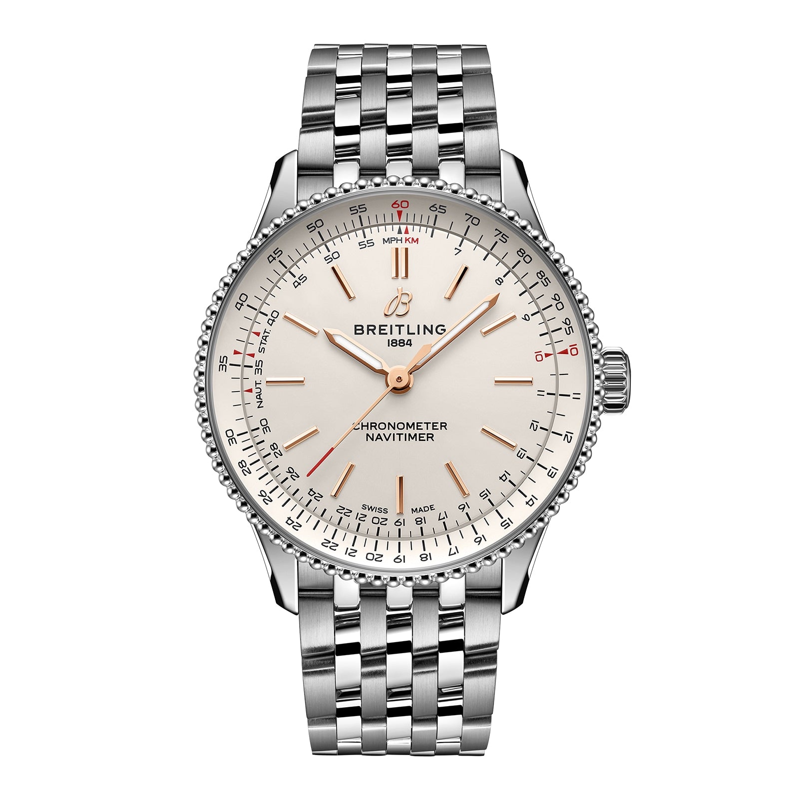 The Breitling Navitimer Automatic 36 is a silver chronograph wristwatch with a white dial, metal link band, and rose gold-tone hour markers and hands.