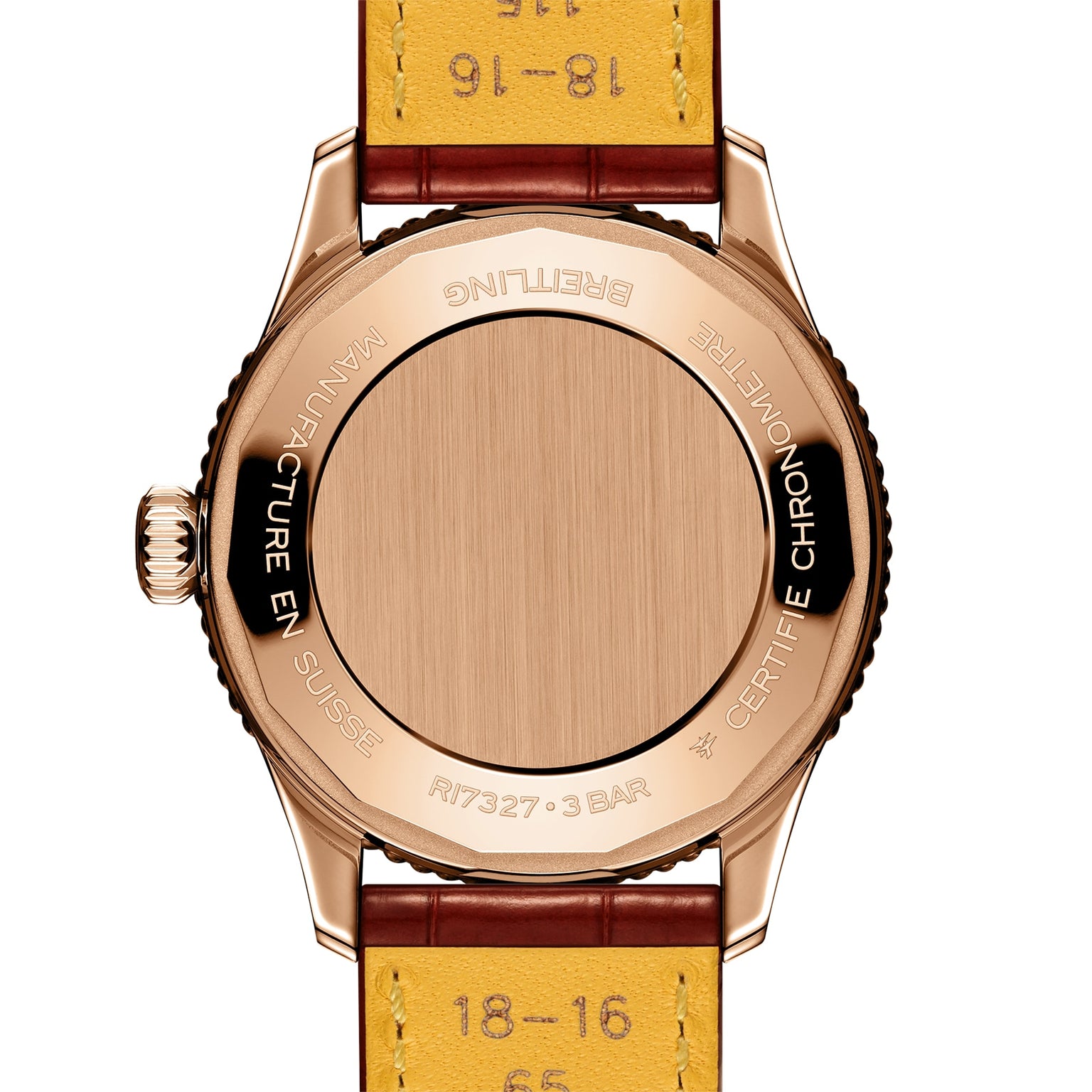 The image shows the back of a Breitling Navitimer Automatic 36 wristwatch with a rose gold case, brown and yellow leather straps, and engraved text around the case back.