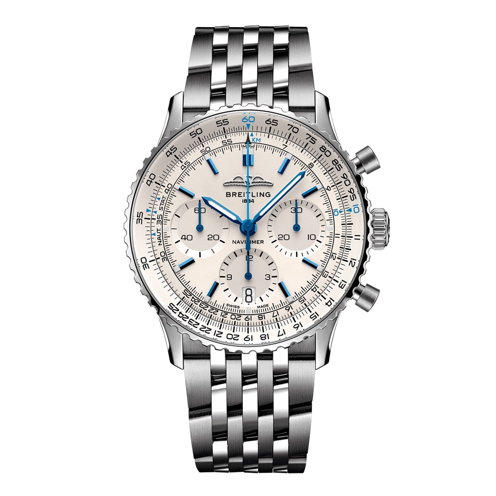The Breitling Navitimer B01 Chronograph 41 features a stainless steel case, silver dial with blue accents, three subdials, date window, linked metal bracelet, and is powered by the precise B01 movement.