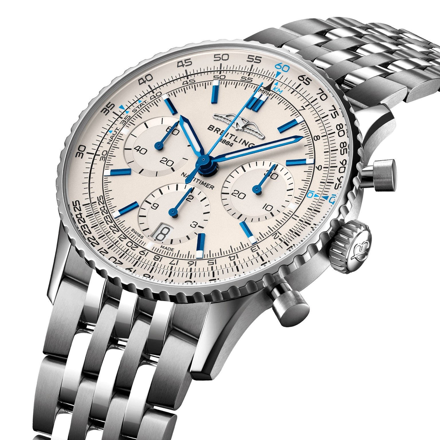 The Breitling Navitimer B01 Chronograph 41 features a silver case, cream dial with blue markers, and a metal link bracelet.