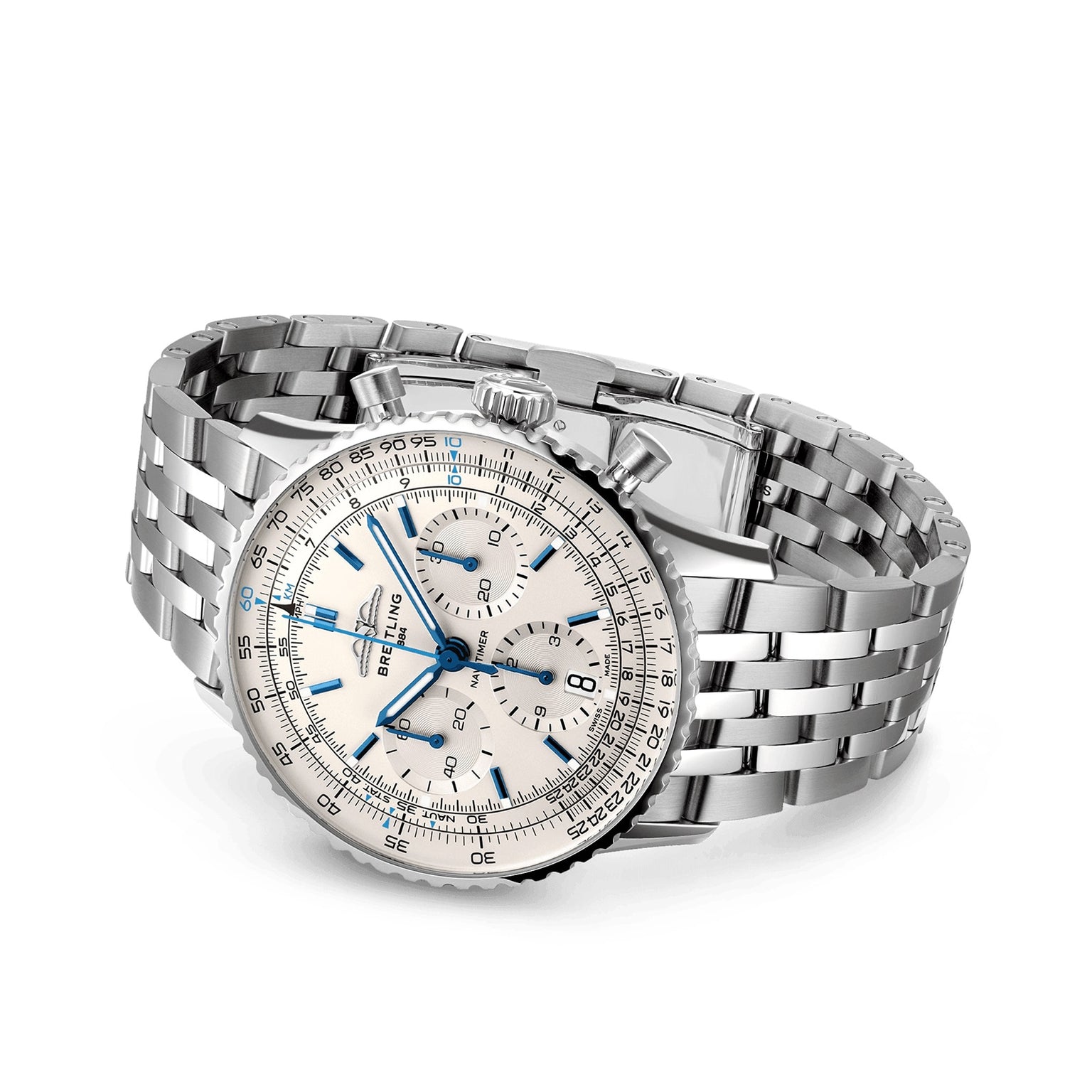 Breitling Navitimer B01 Chronograph 41 wristwatch featuring a silver case, white dial, blue hands, and metal link bracelet, displayed at an angle on a white background.