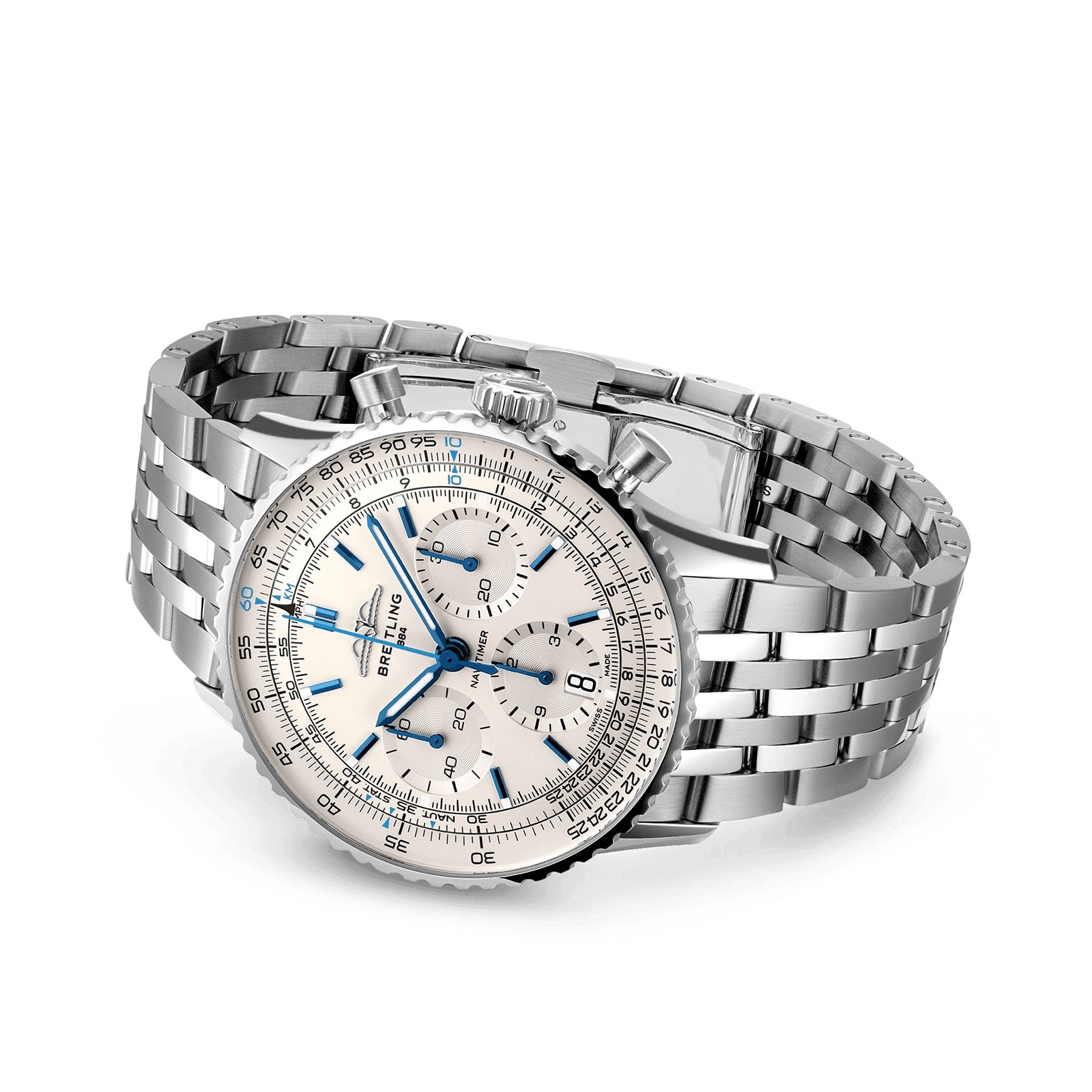 Breitling Navitimer B01 Chronograph 41 wristwatch featuring a silver case, white dial, blue hands, and metal link bracelet, displayed at an angle on a white background.