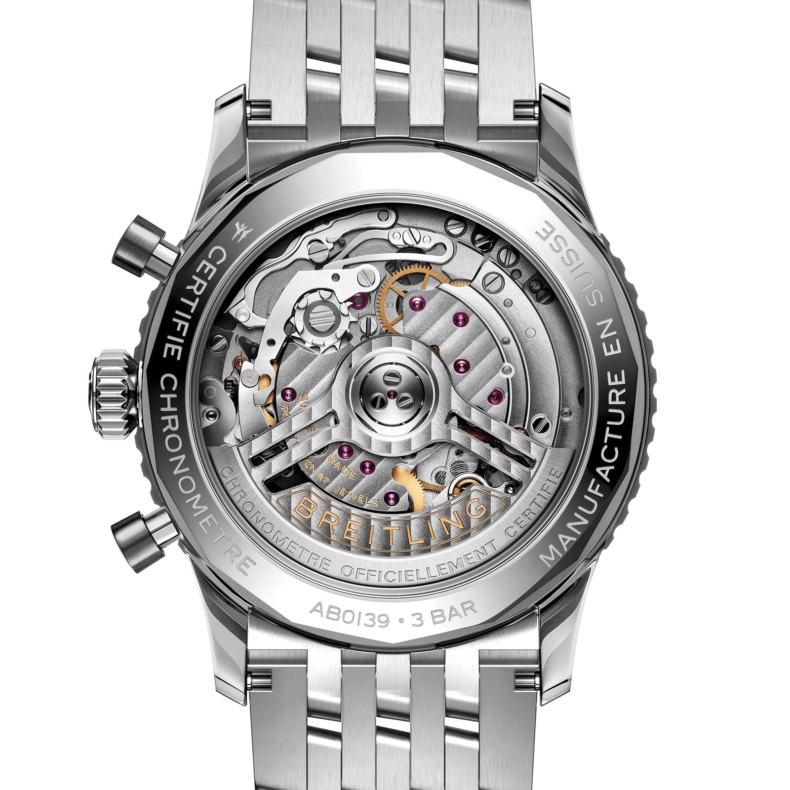 Close-up of the back of the Breitling Navitimer B01 Chronograph 41, showcasing the detailed B01 movement visible through its transparent case back.