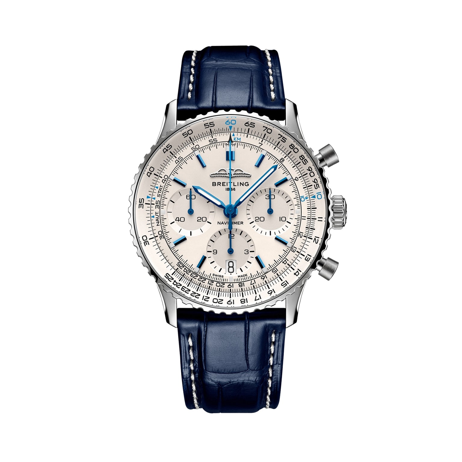 The Breitling Navitimer B01 Chronograph 41 features a silver case, white dial, blue hands, three subdials, and a dark blue leather strap with white stitching—an aviator watch blending style and precision.