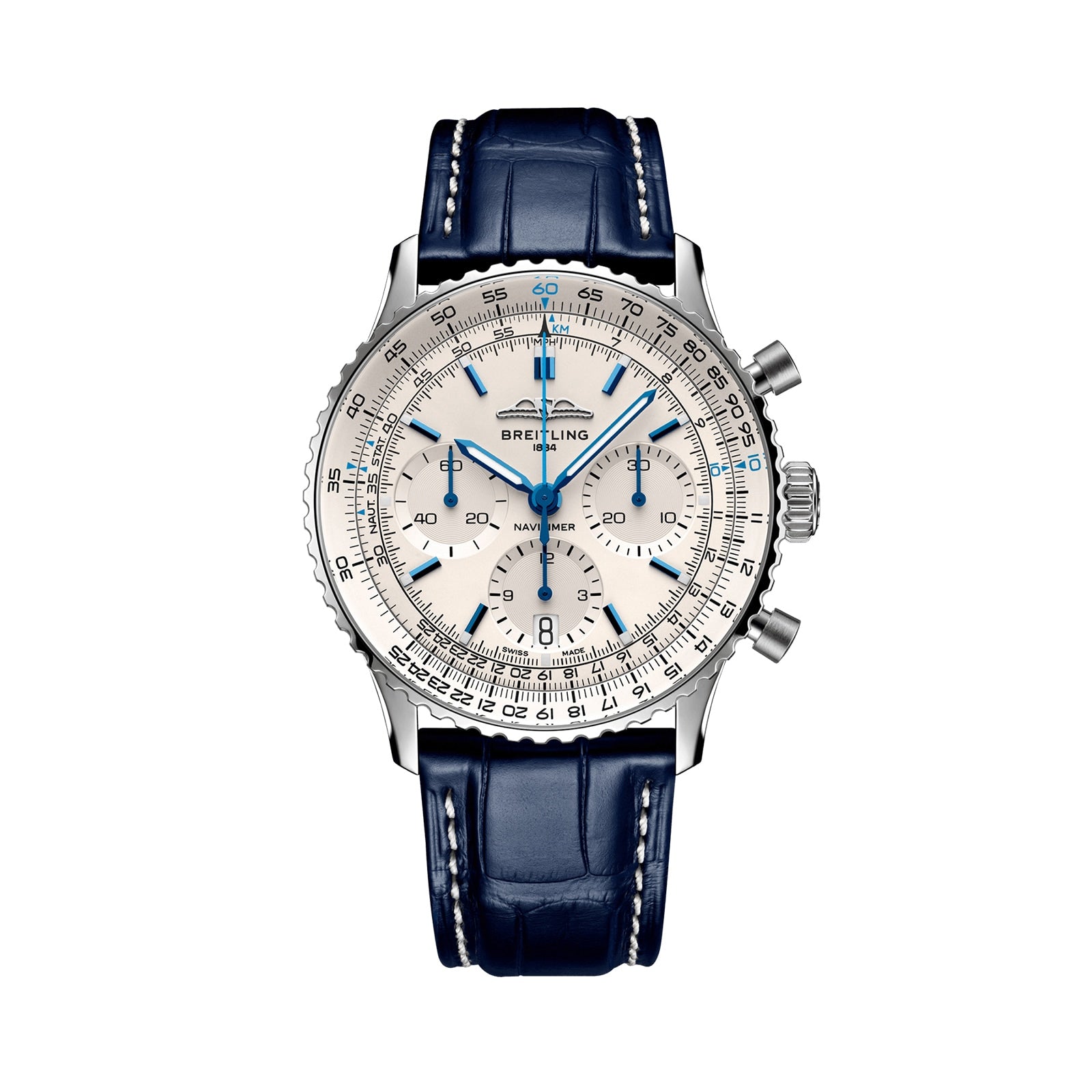 The Breitling Navitimer B01 Chronograph 41 features a silver case, white dial, blue hands, three subdials, and a dark blue leather strap with white stitching—an aviator watch blending style and precision.