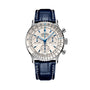The Breitling Navitimer B01 Chronograph 41 features a silver case, white dial, blue hands, three subdials, and a dark blue leather strap with white stitching—an aviator watch blending style and precision.