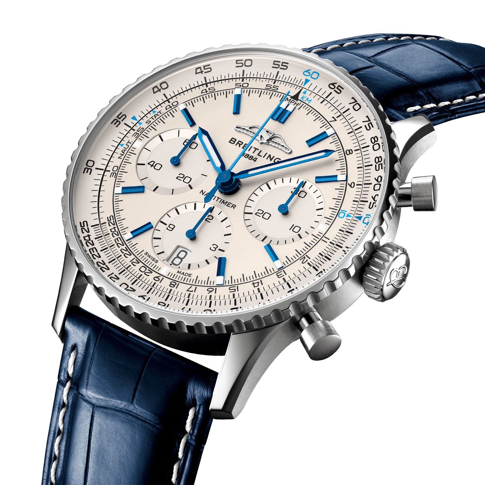 The Breitling Navitimer B01 Chronograph 41 features a silver case, cream dial, blue hands and hour markers, three subdials, and a blue leather strap.