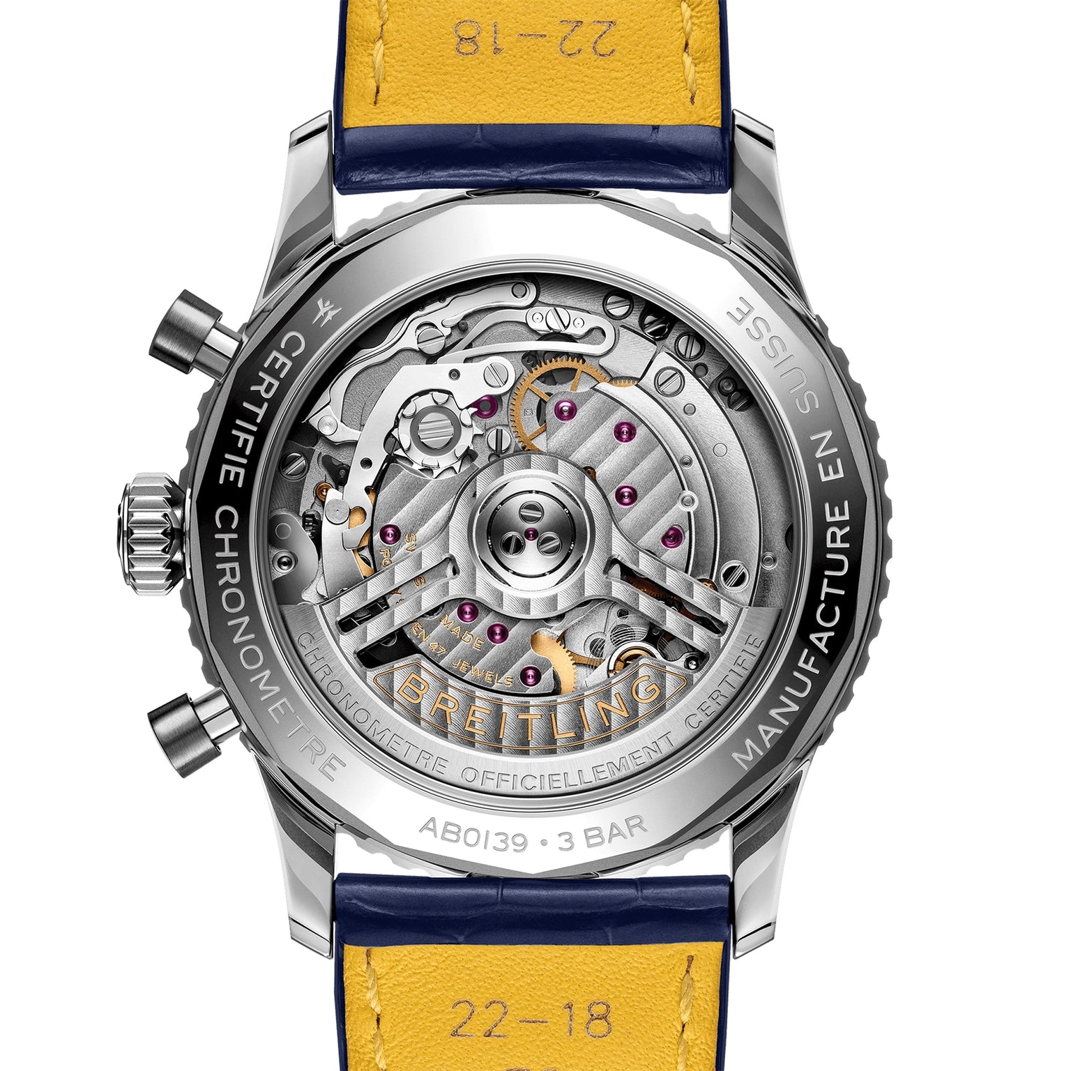 Close-up of the transparent case back of the Breitling Navitimer B01 Chronograph 41, showcasing its intricate mechanical movement with visible gears and components.