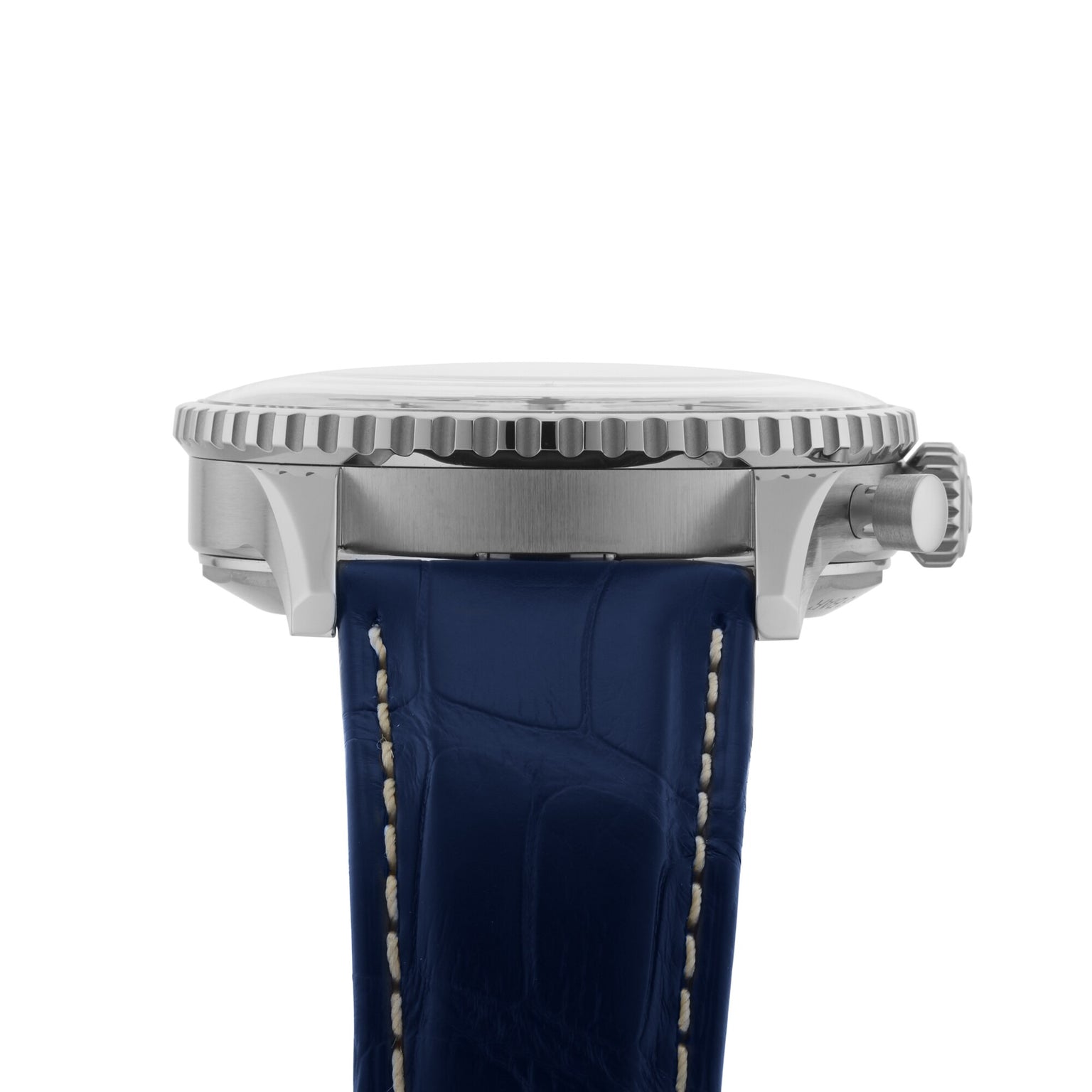 Side view of a Breitling Navitimer B01 Chronograph 41 with a stainless steel case, ridged bezel, crown, and blue leather strap with white stitching.