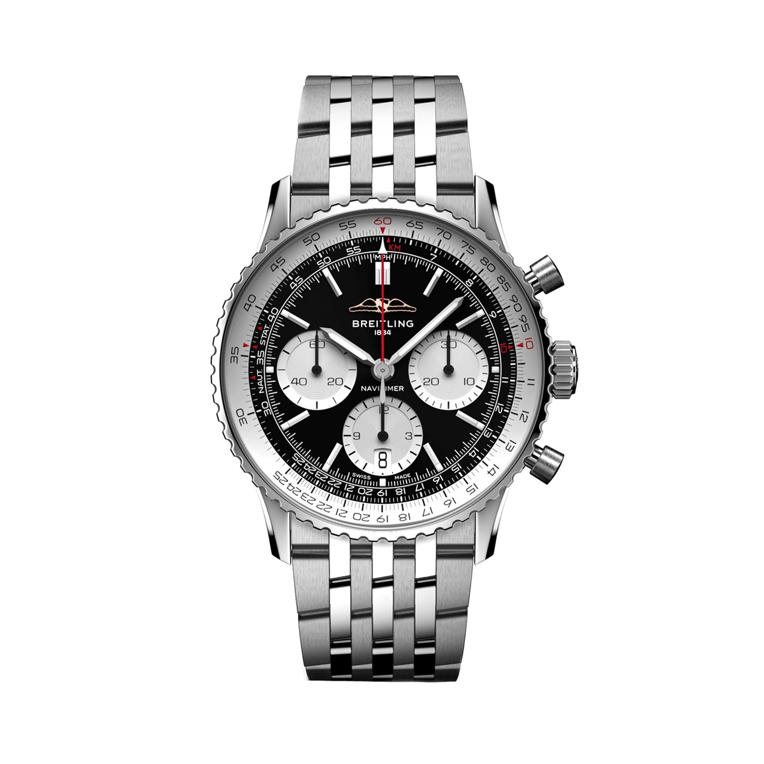 The Breitling Navitimer B01 Chronograph 41 is a stainless steel watch featuring a black dial, chronograph movement, three subdials, date window, and metal link bracelet, displayed against a white background.