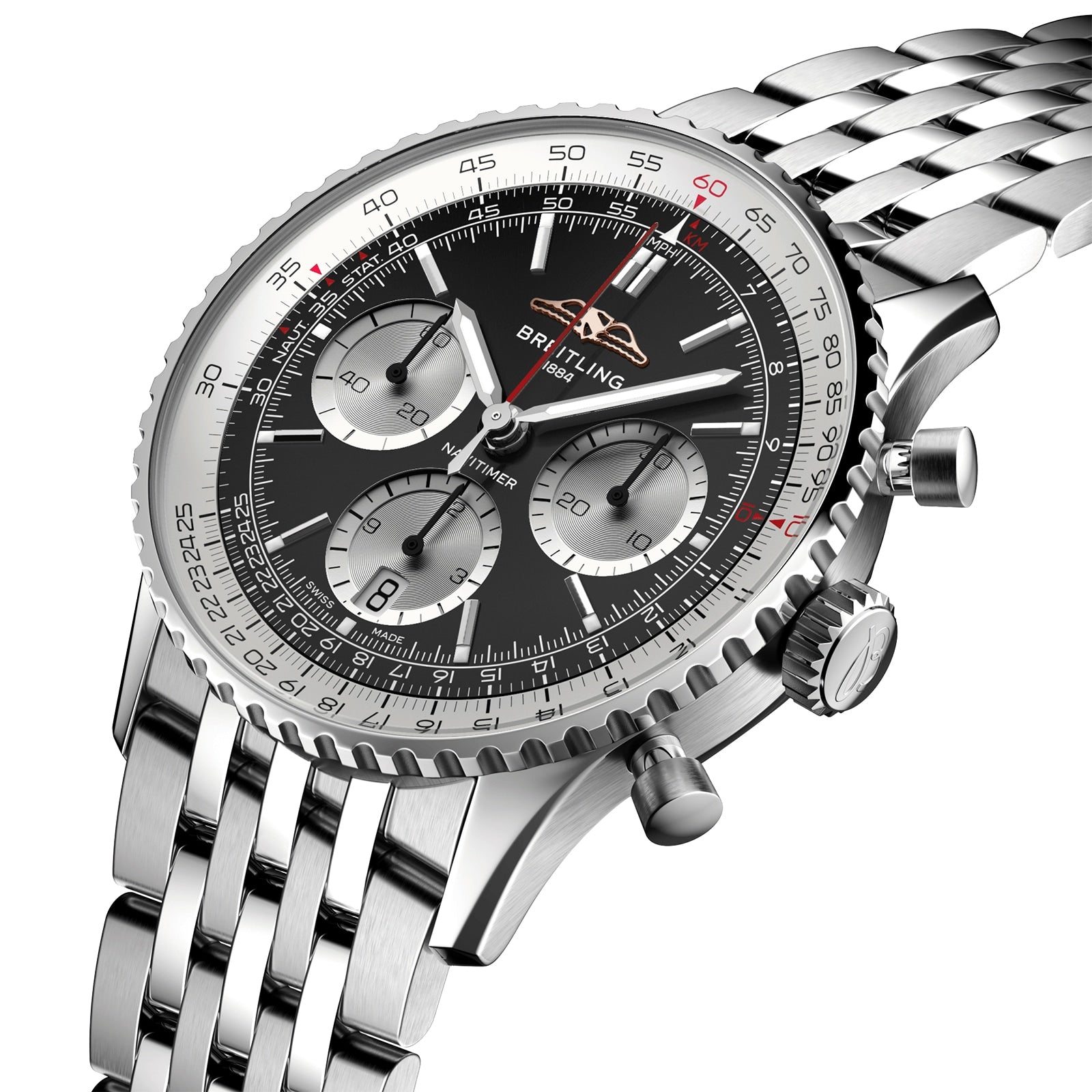 The Breitling Navitimer B01 Chronograph 41 features a stainless steel case, black dial, three subdials, date display, and metal bracelet, embodying the brands aviation heritage and precise chronograph movement.