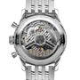 Close-up of the Breitling Navitimer B01 Chronograph 41 case back, revealing its detailed chronograph movement and inner workings through a transparent cover—a tribute to the brand’s aviation heritage.