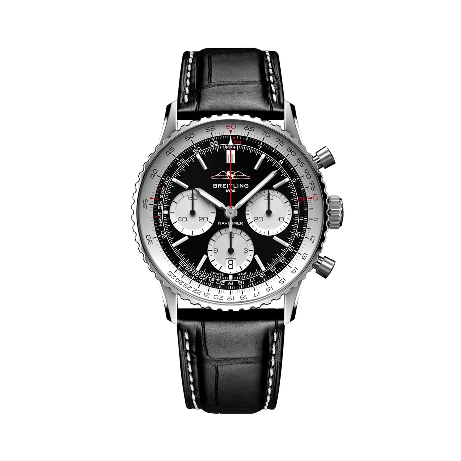 The Breitling Navitimer B01 Chronograph 41 features a black and silver chronograph dial with three subdials, a black leather strap, and a silver case, displayed against a white background.