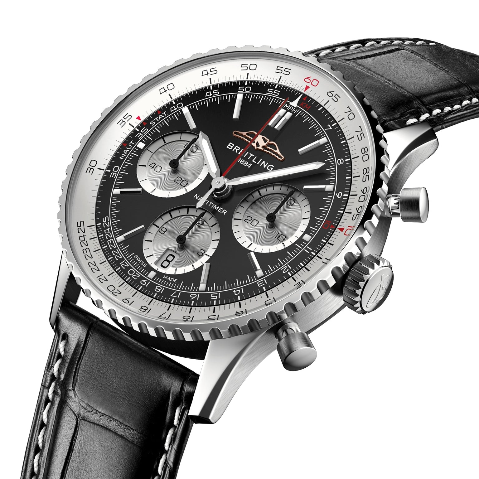 Close-up of the Breitling Navitimer B01 Chronograph 41, showing its black dial with three subdials, silver bezel, and a black leather strap with white stitching.