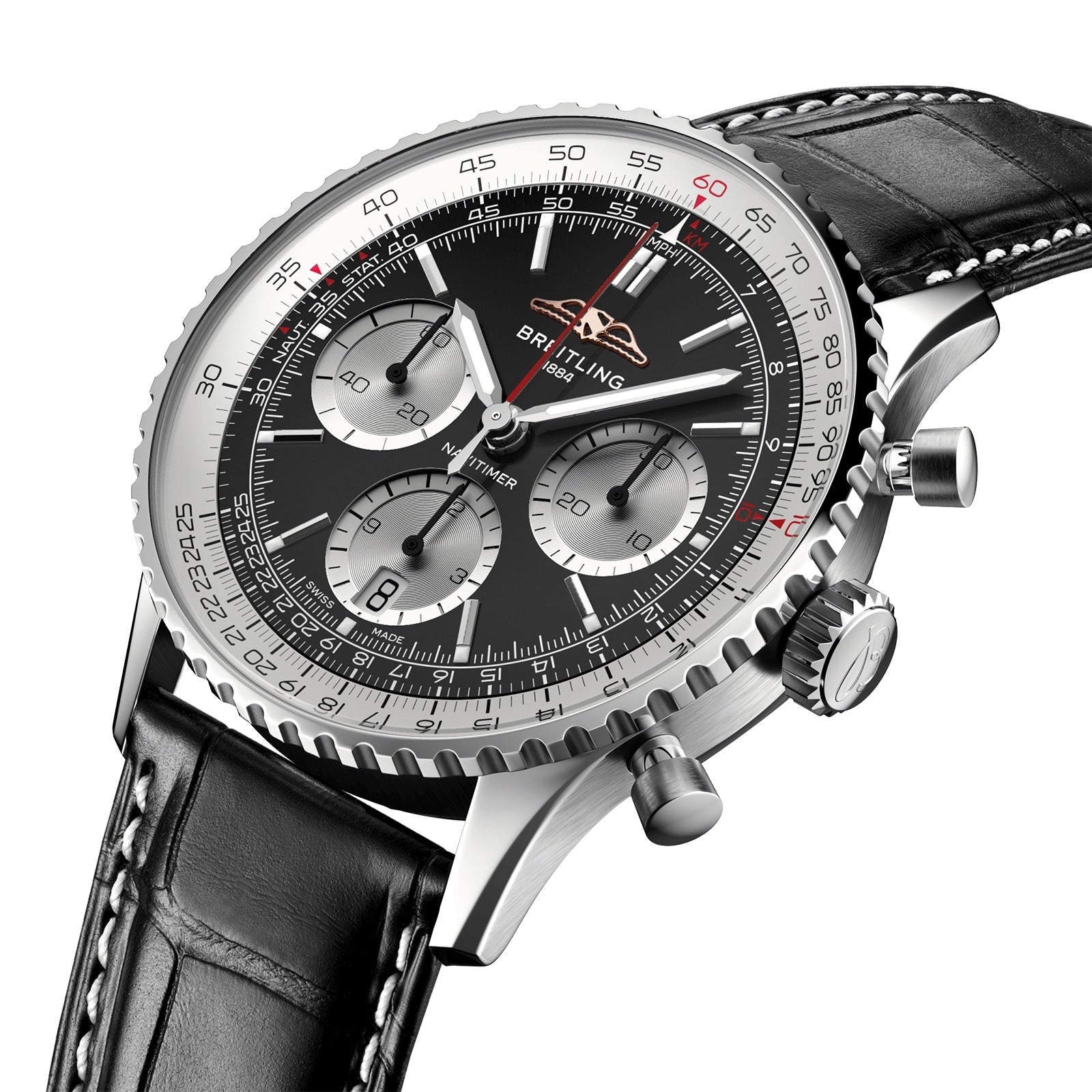 Close-up of the Breitling Navitimer B01 Chronograph 41, showing its black dial with three subdials, silver bezel, and a black leather strap with white stitching.