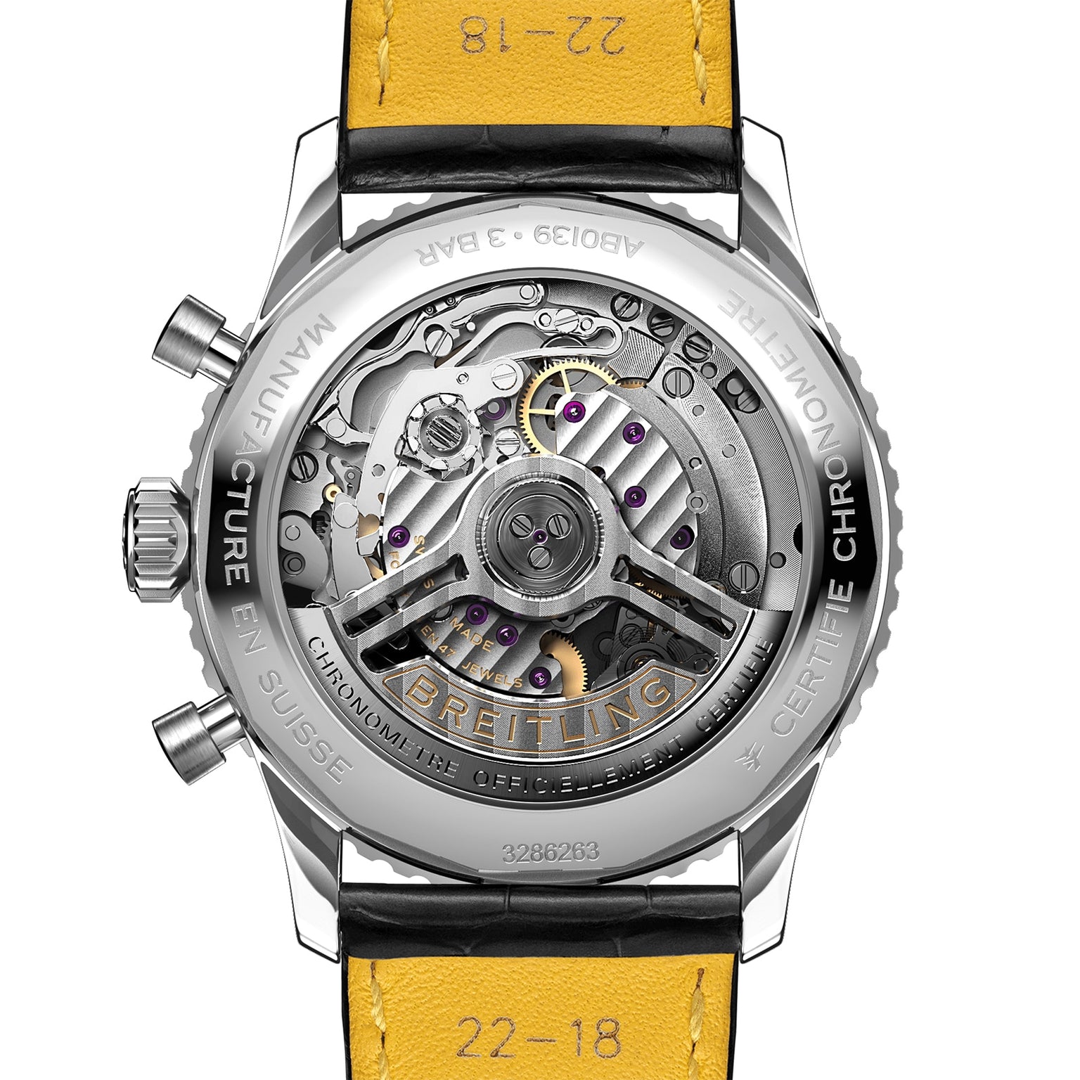 Close-up of the back of the Breitling Navitimer B01 Chronograph 41, showcasing its intricate chronograph movement and finely engraved details on the case and strap.